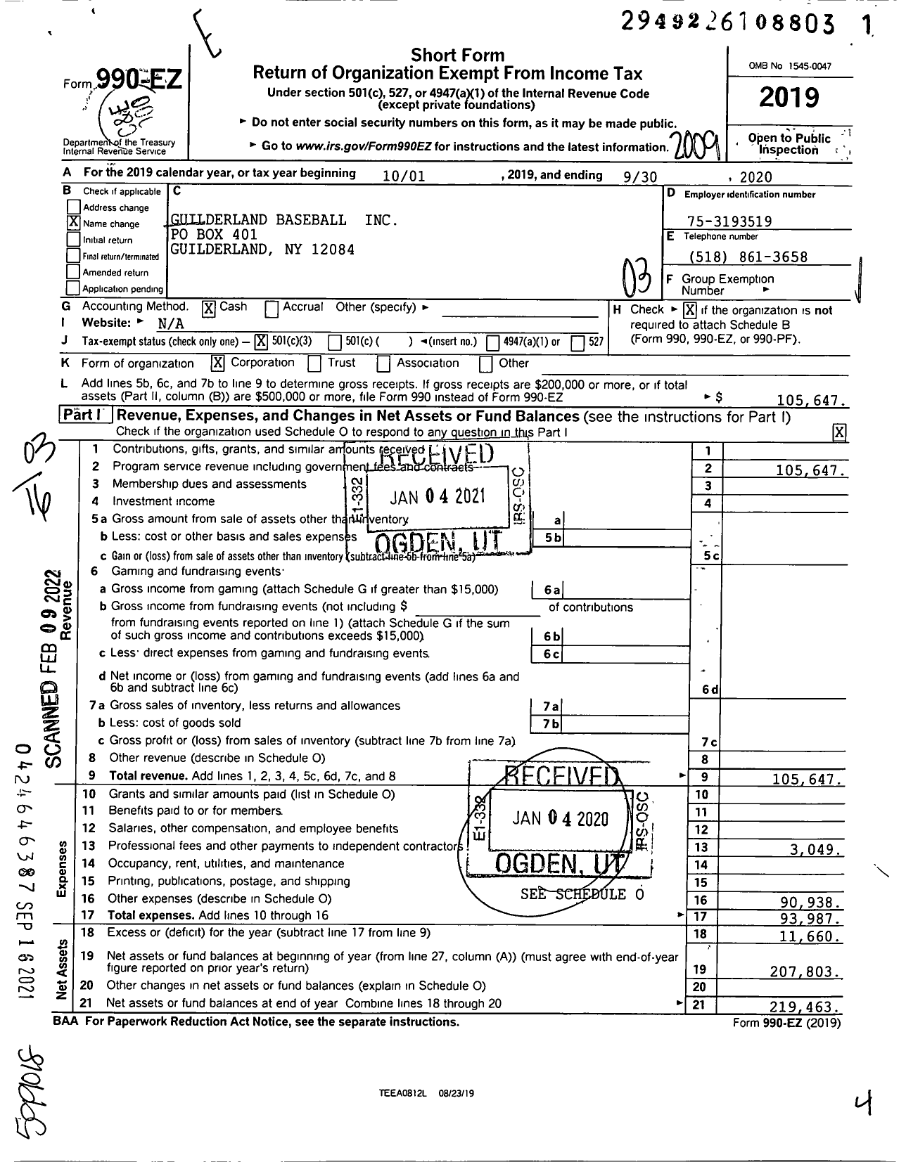 Image of first page of 2019 Form 990EZ for Guilderland Baseball