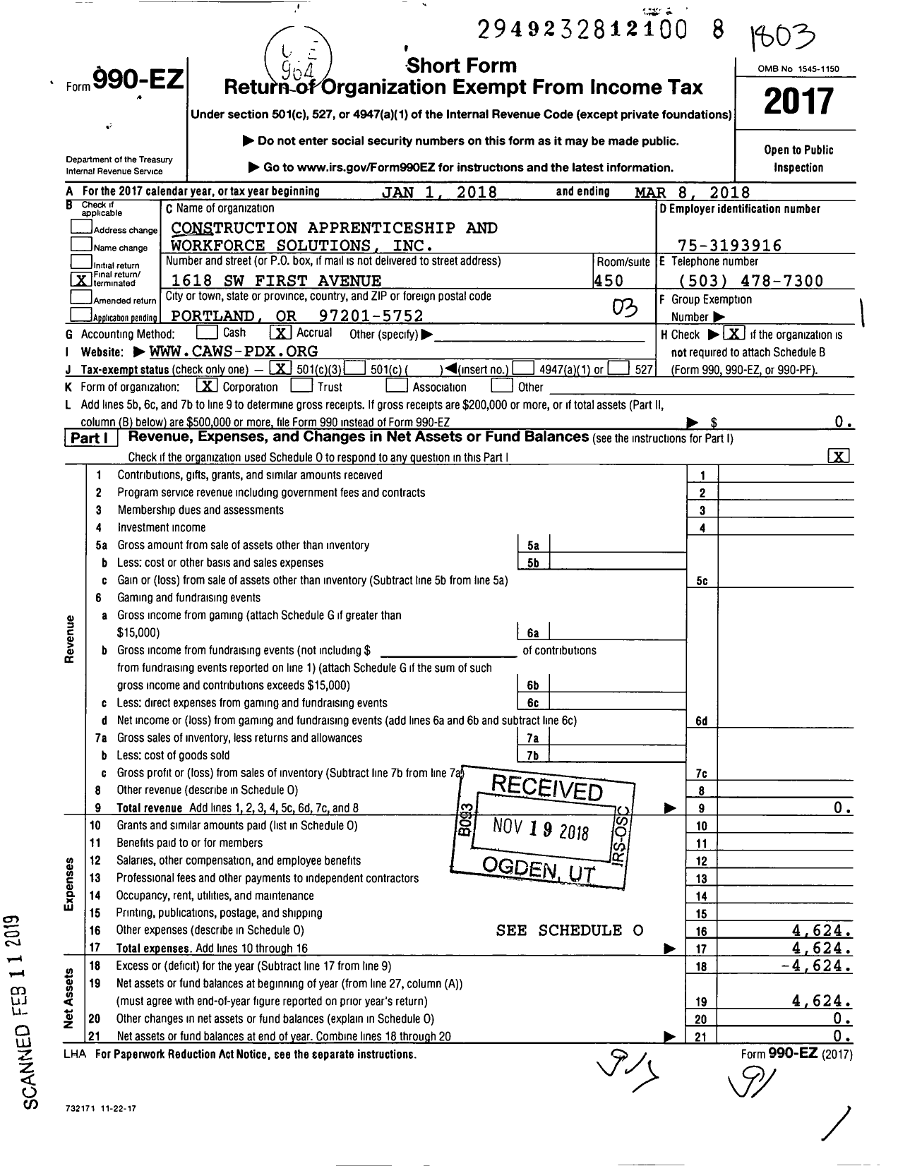 Image of first page of 2017 Form 990EZ for Construction Apprenticeship and Workforce Solutions