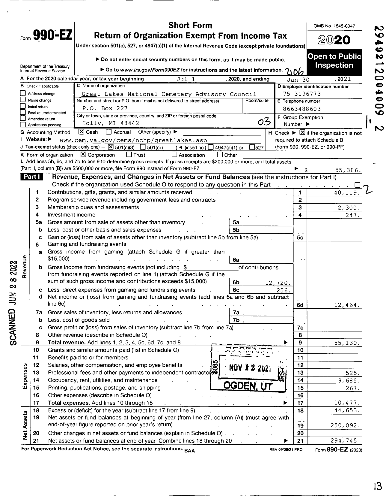 Image of first page of 2020 Form 990EZ for Great Lakes National Cemetery Advisory Council