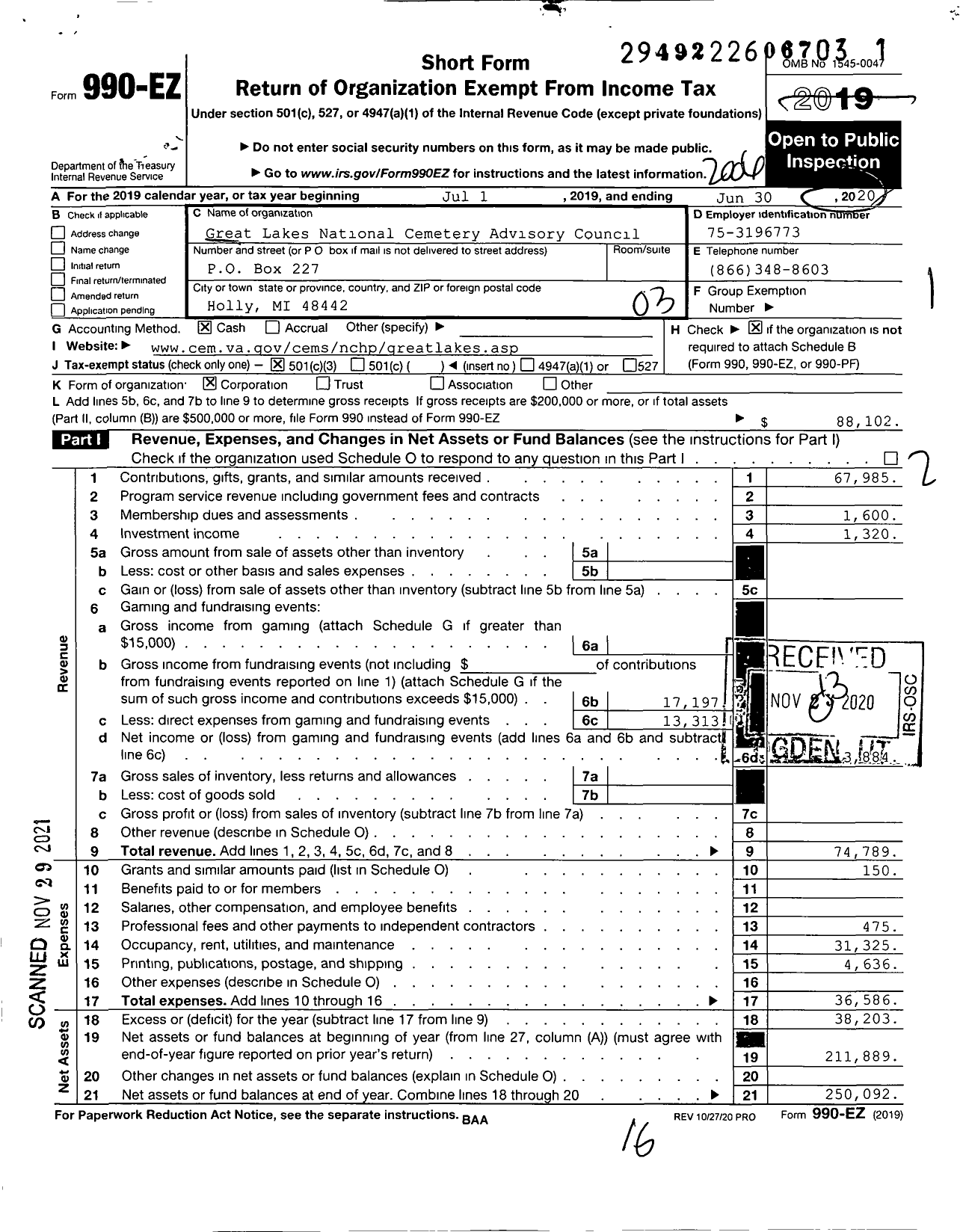 Image of first page of 2019 Form 990EZ for Great Lakes National Cemetery Advisory Council