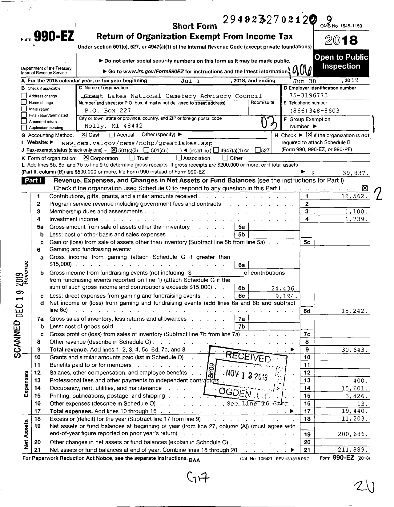 Image of first page of 2018 Form 990EZ for Great Lakes National Cemetery Advisory Council