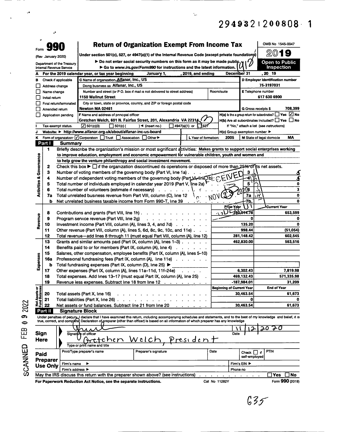 Image of first page of 2019 Form 990 for Alfanar Us