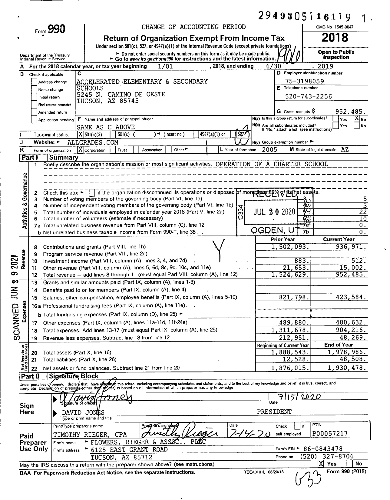 Image of first page of 2018 Form 990 for Accelerated Elementary and Secondary Schools