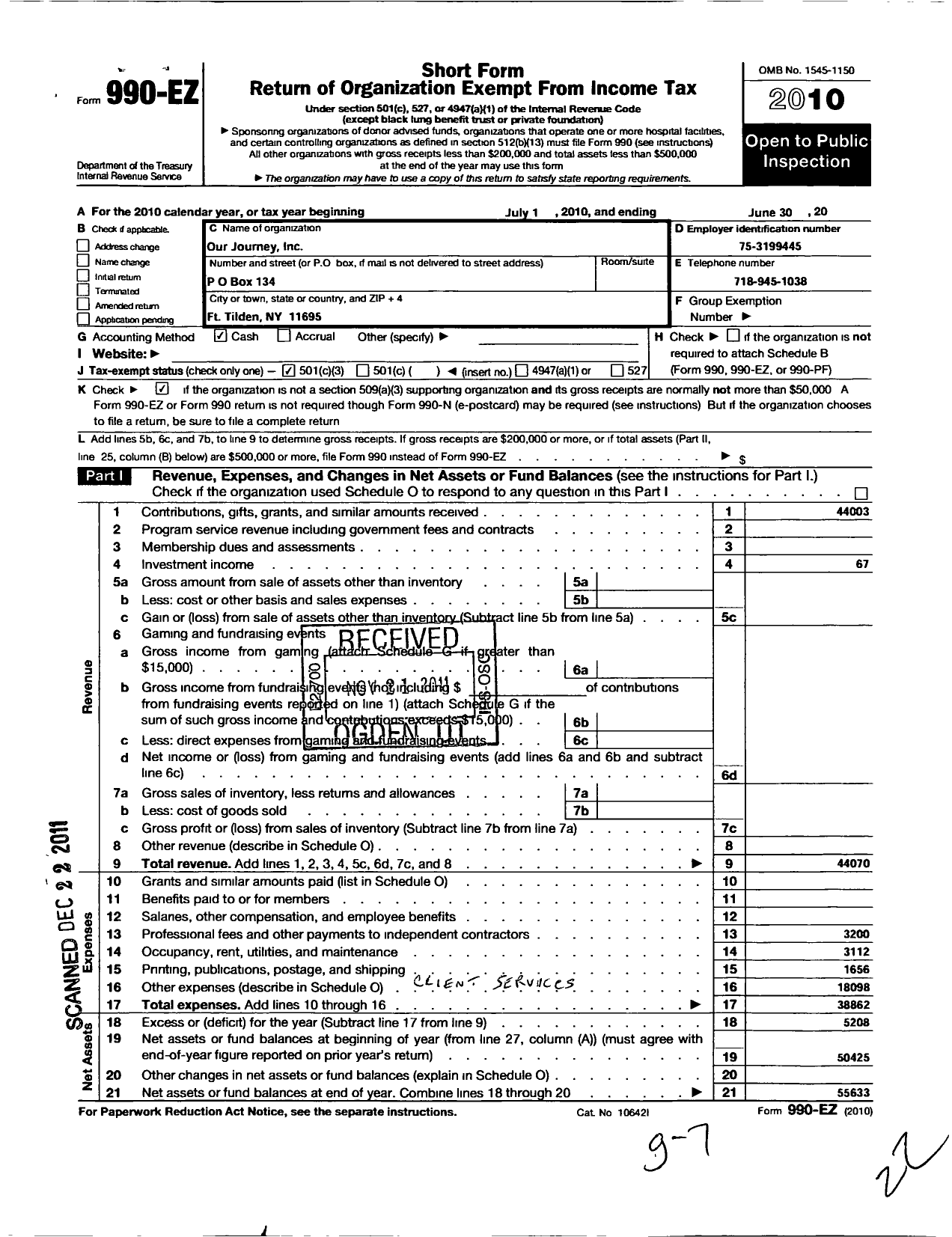 Image of first page of 2010 Form 990EZ for Our Journey