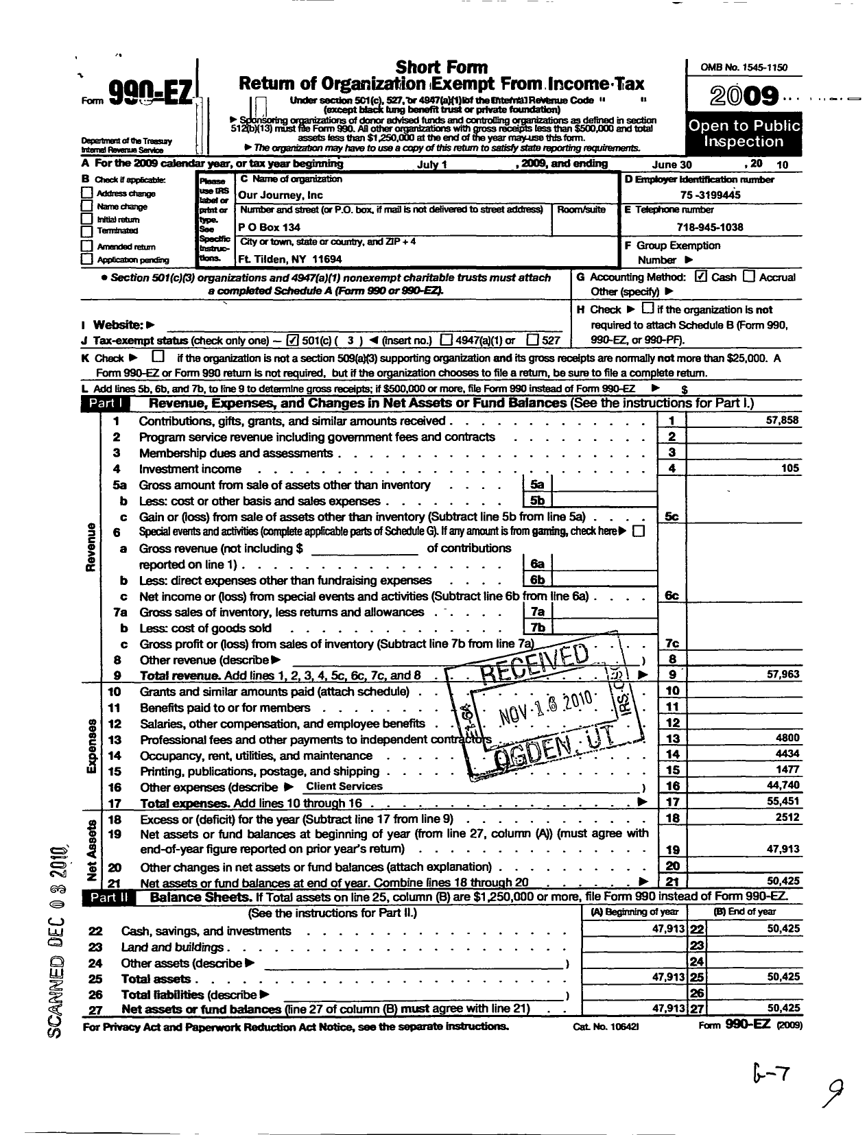 Image of first page of 2009 Form 990EZ for Our Journey