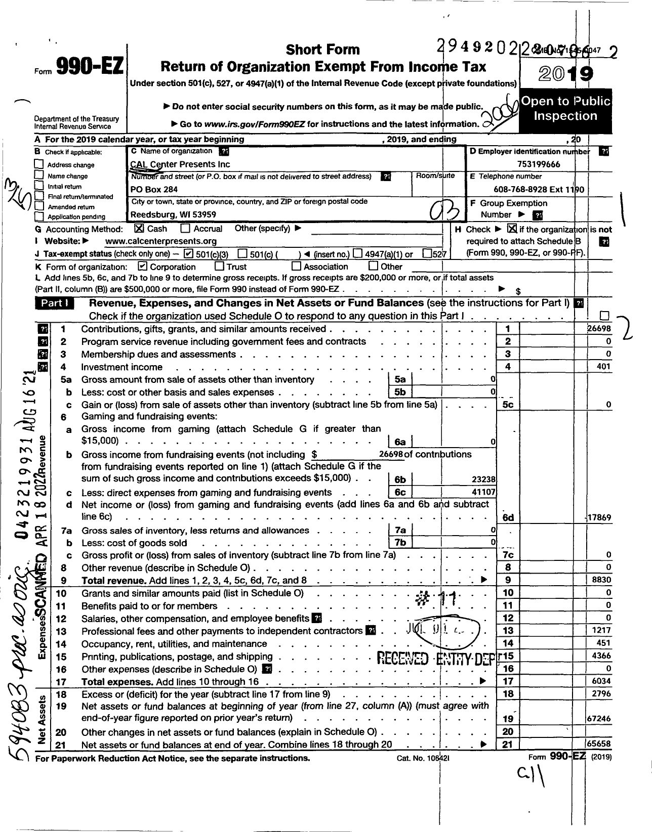 Image of first page of 2019 Form 990EZ for Cal Center Presents