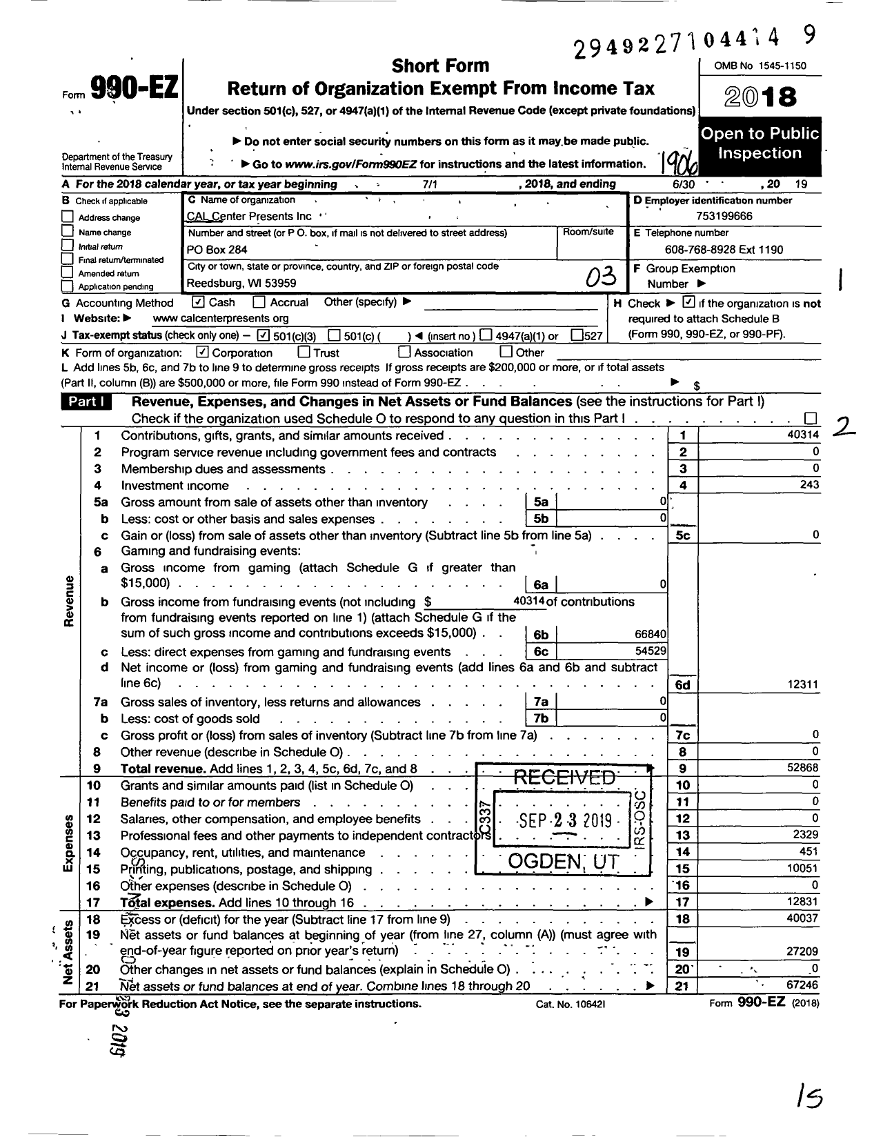 Image of first page of 2018 Form 990EZ for Cal Center Presents