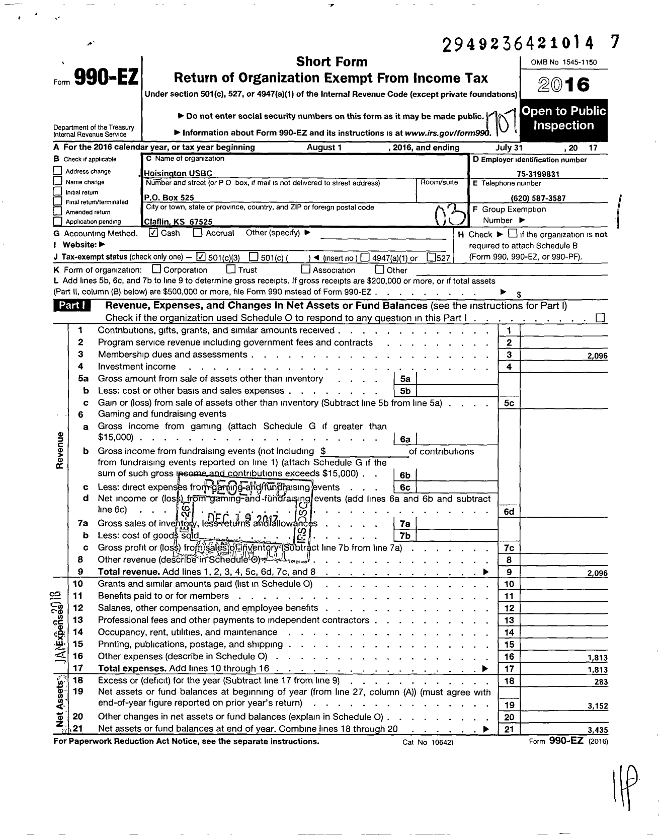 Image of first page of 2016 Form 990EZ for United States Bowling Congress - 81655 Hoisington Usbc