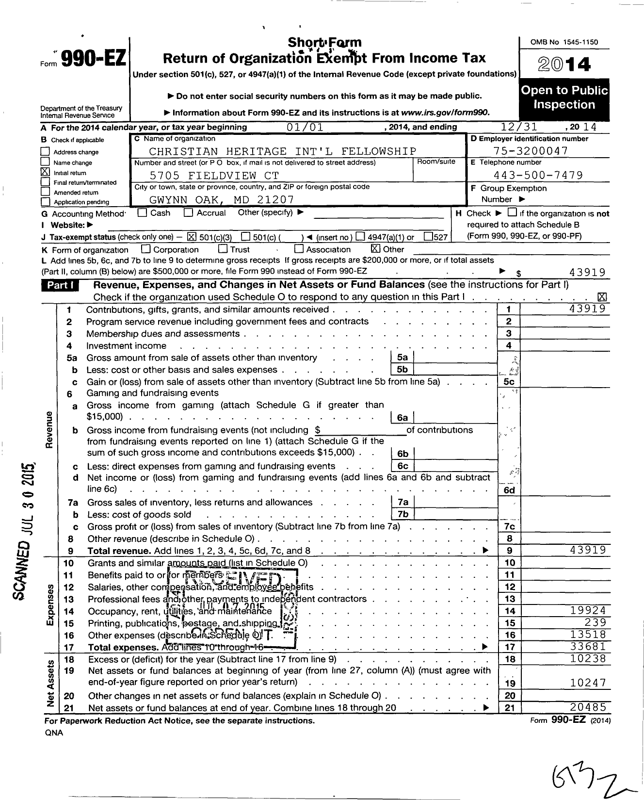 Image of first page of 2014 Form 990EZ for Christian Heritage International Fellowship