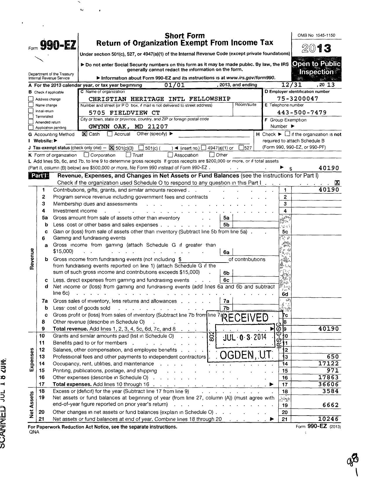 Image of first page of 2013 Form 990EZ for Christian Heritage International Fellowship