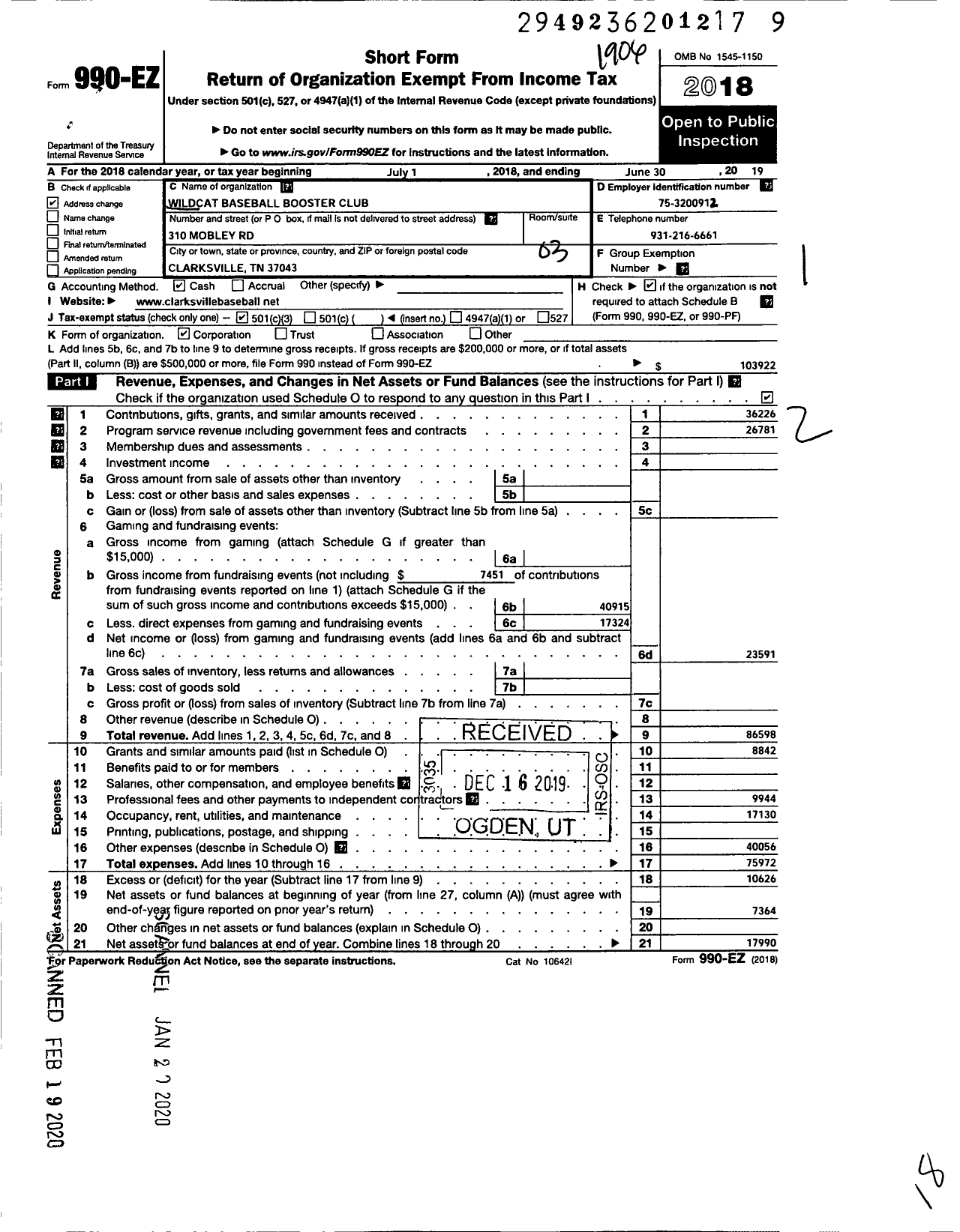 Image of first page of 2018 Form 990EZ for Wildcat Baseball Booster Club (WBBC)