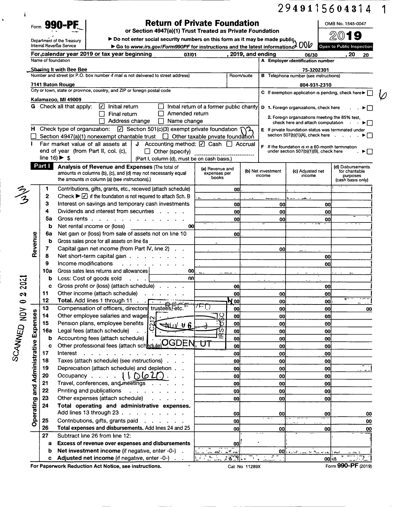 Image of first page of 2019 Form 990PF for Sharing It with Bee