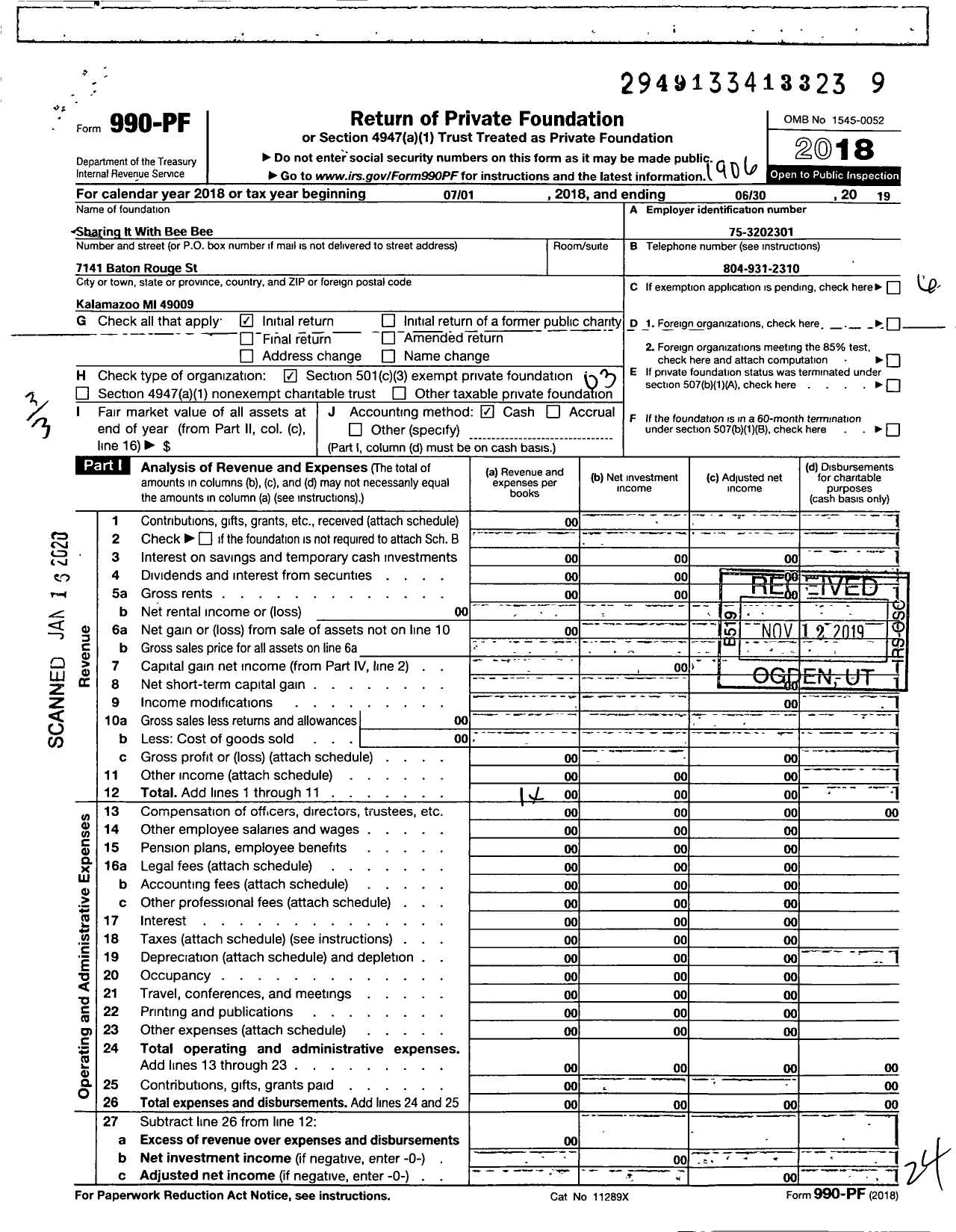 Image of first page of 2018 Form 990PF for Sharing It with Bee