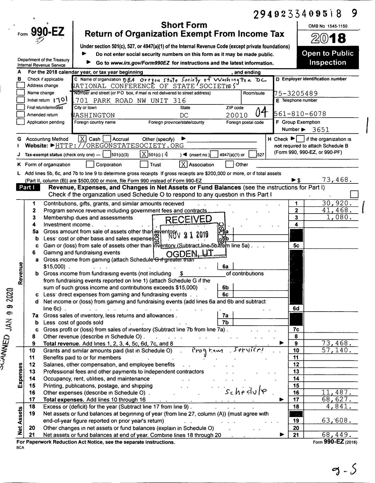 Image of first page of 2018 Form 990EO for National Conference of State Societies Washington District of C / Oregon State Society