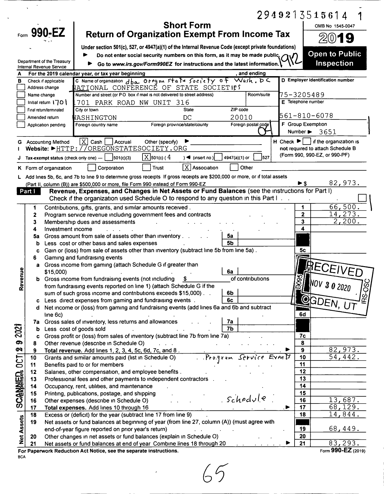 Image of first page of 2019 Form 990EO for National Conference of State Societies Washington District of C / Oregon State Society