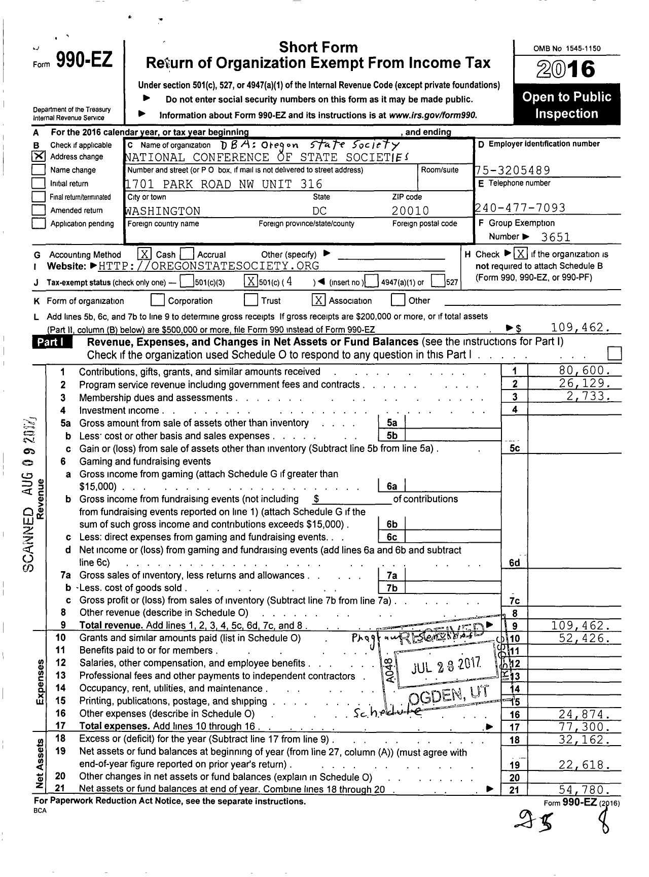 Image of first page of 2016 Form 990EO for National Conference of State Societies Washington District of C / Oregon State Society