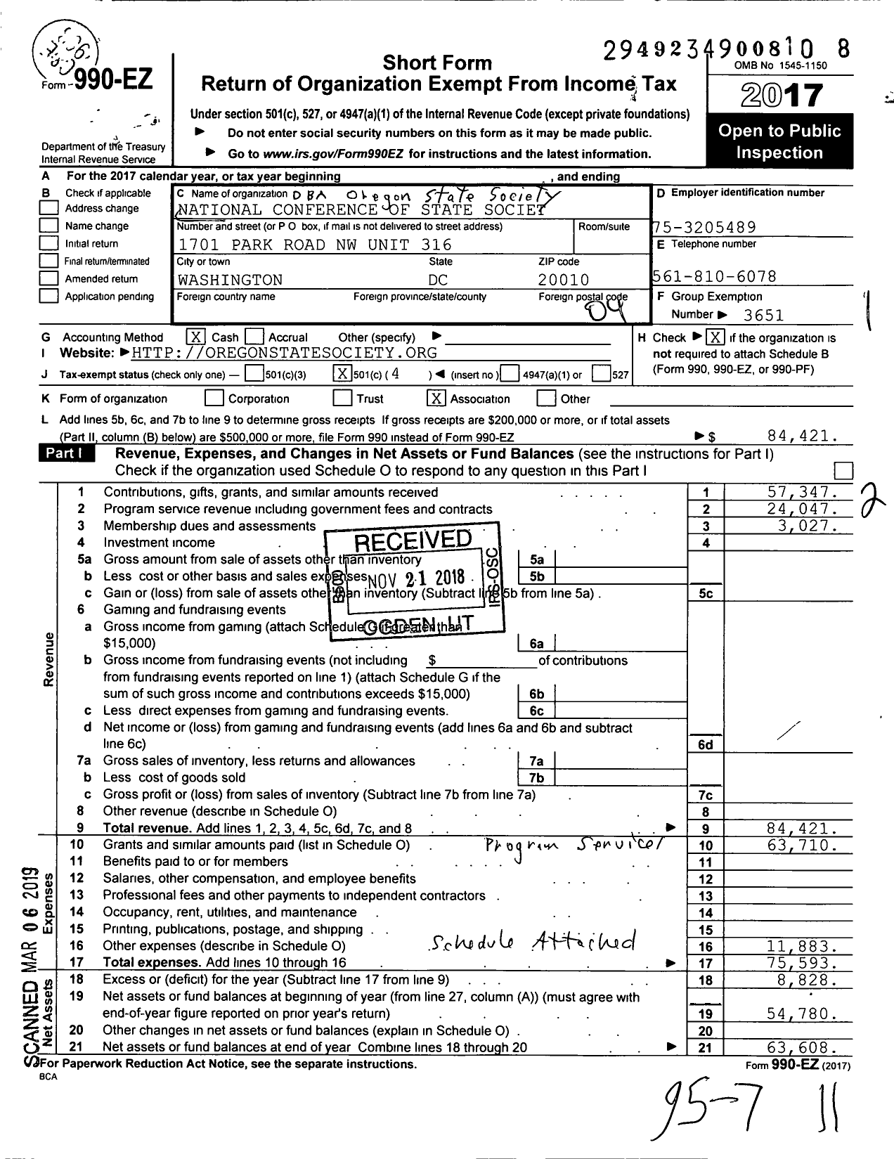 Image of first page of 2017 Form 990EO for National Conference of State Societies Washington District of C / Oregon State Society