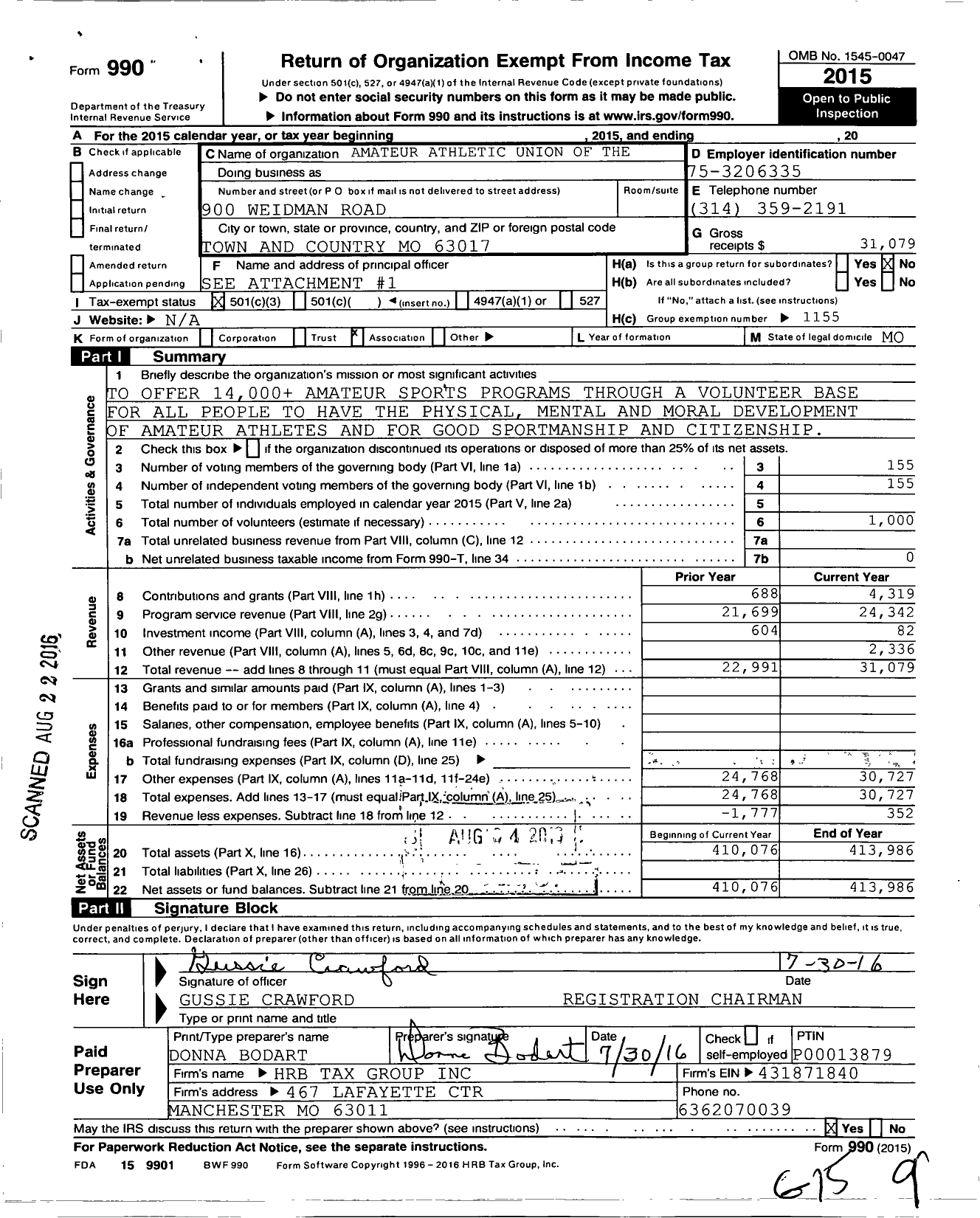 Image of first page of 2015 Form 990 for Amateur Athletic Union - Ozark Aau