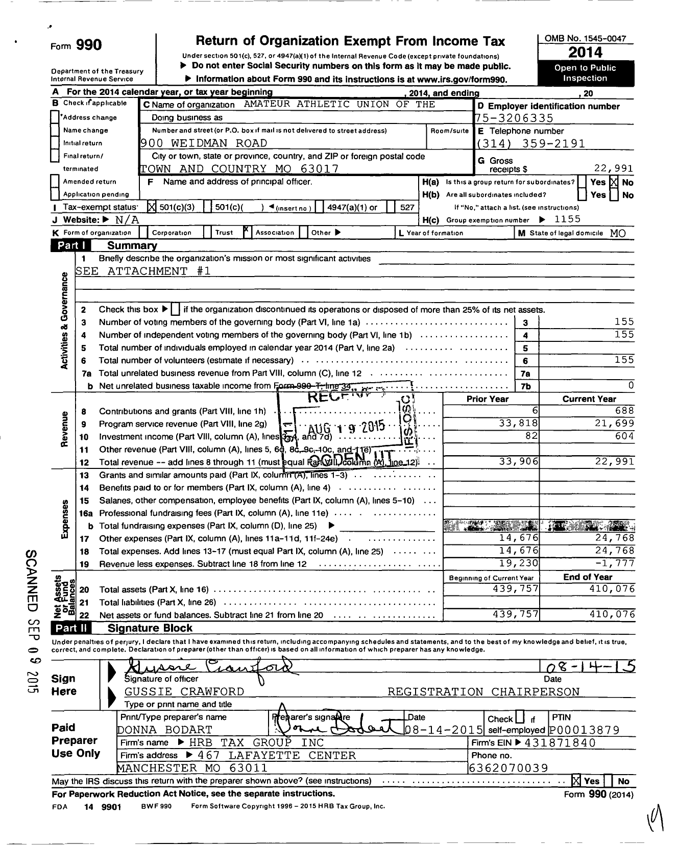 Image of first page of 2014 Form 990 for Amateur Athletic Union - Ozark Aau