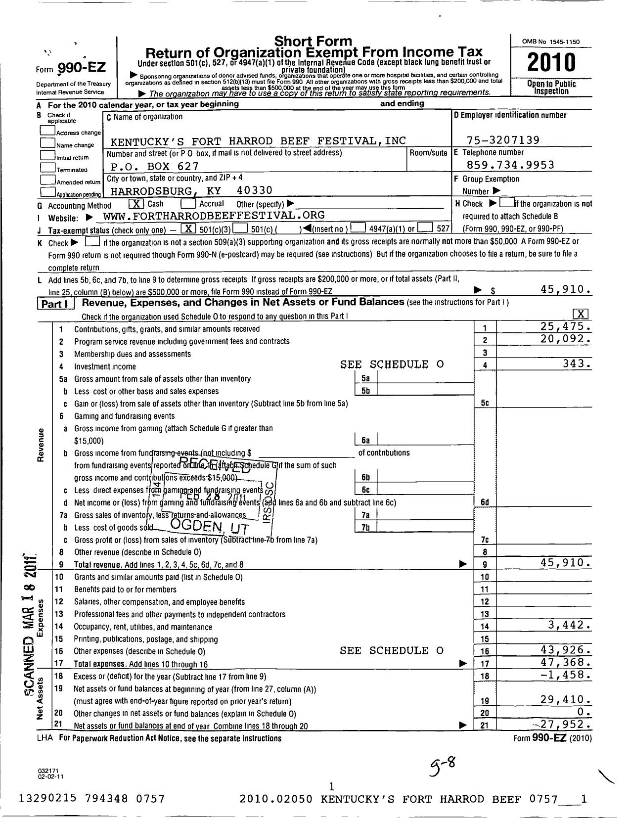 Image of first page of 2010 Form 990EZ for Kentuckys Fort Harrod Beef Festival