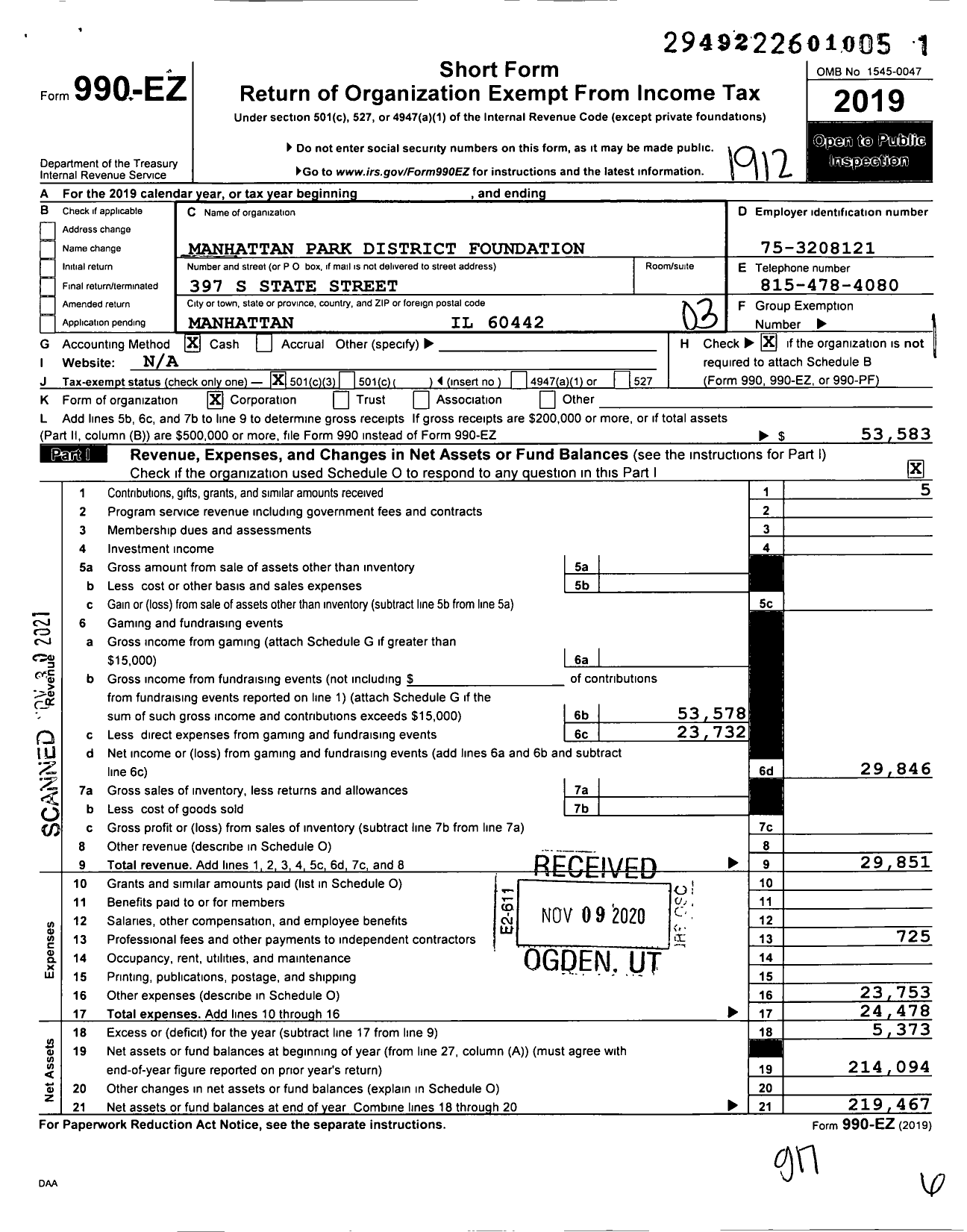 Image of first page of 2019 Form 990EZ for Manhattan Park District Foundation