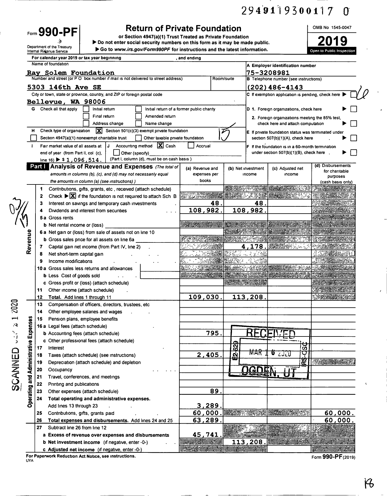 Image of first page of 2019 Form 990PR for Ray Solem Foundation