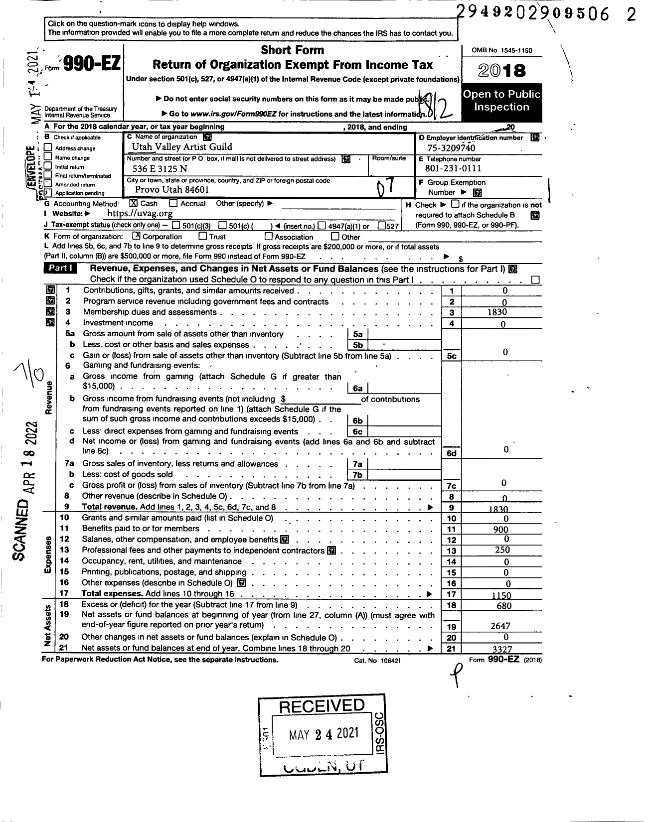 Image of first page of 2018 Form 990EO for Utah Valley Artist Guild