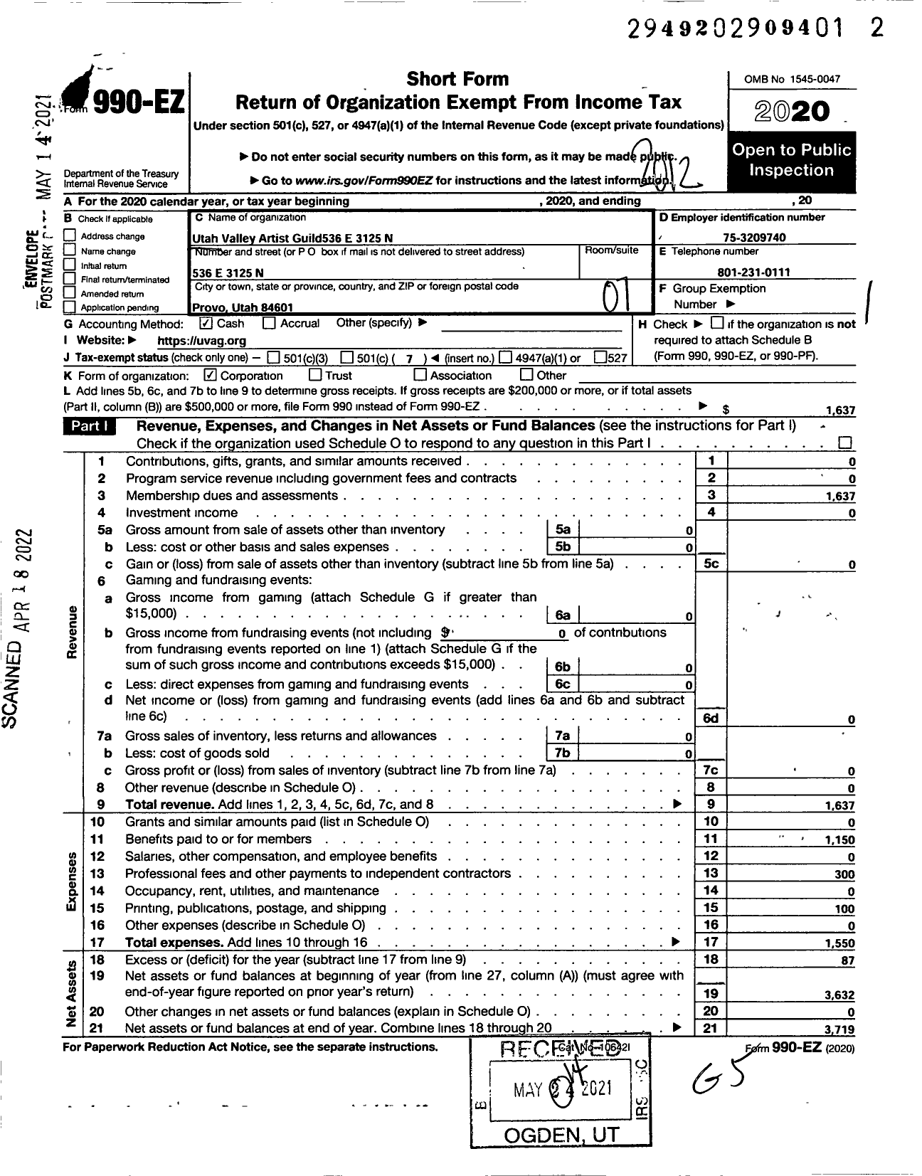 Image of first page of 2020 Form 990EO for Utah Valley Artist Guild