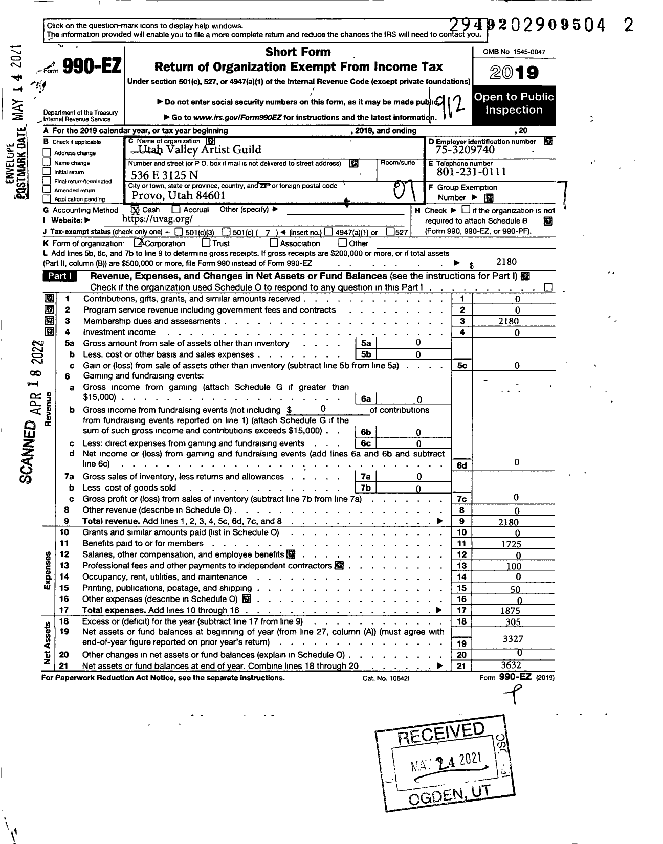 Image of first page of 2019 Form 990EO for Utah Valley Artist Guild