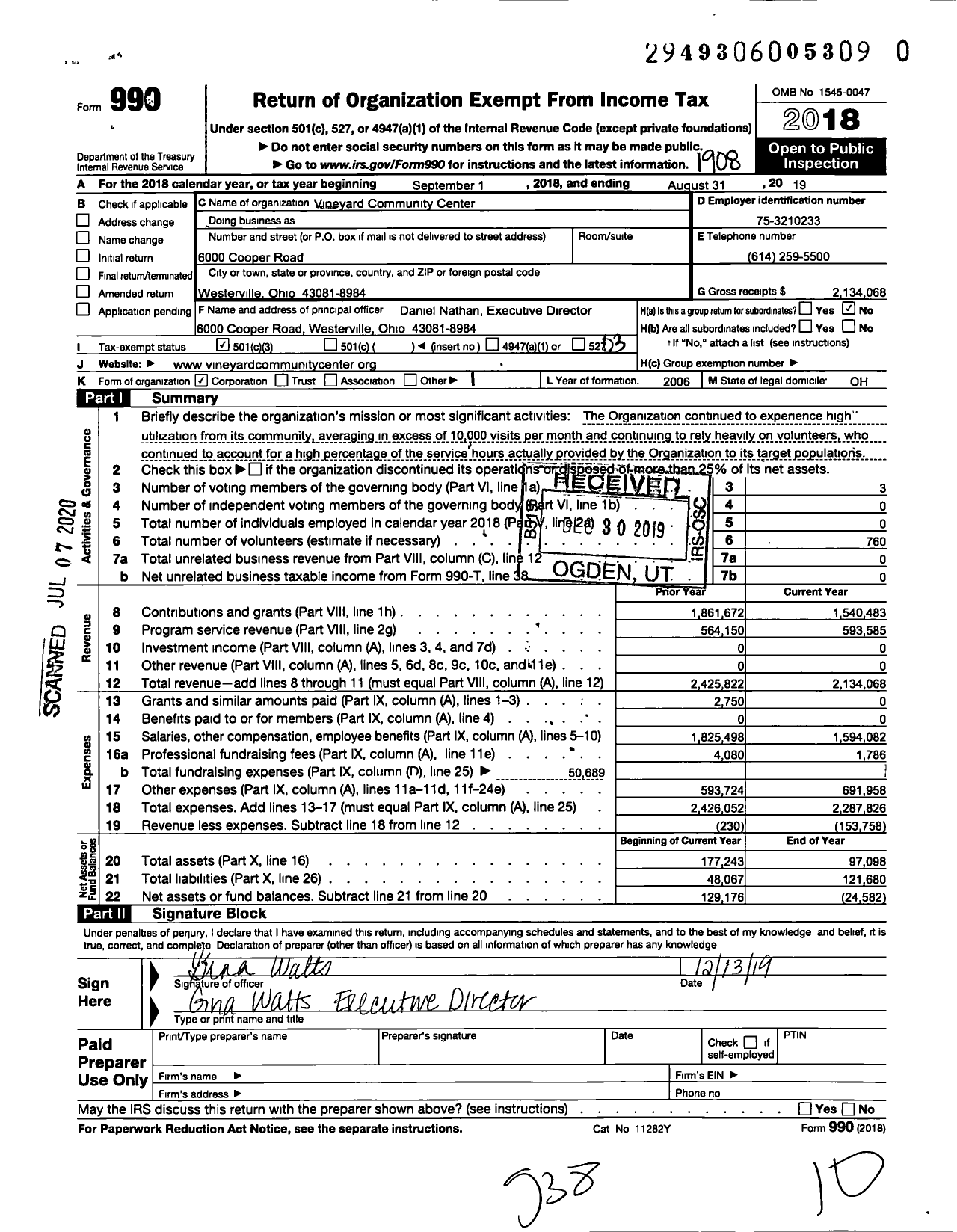 Image of first page of 2018 Form 990 for Vineyard Community Center