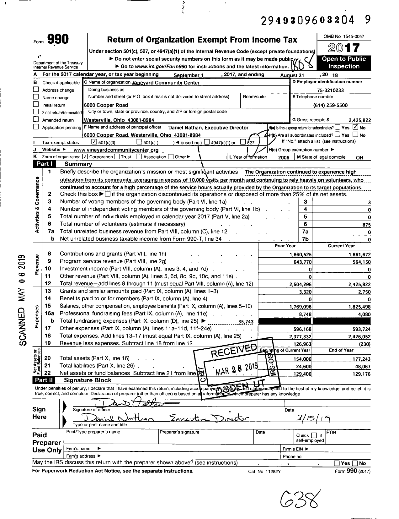 Image of first page of 2017 Form 990 for Vineyard Community Center