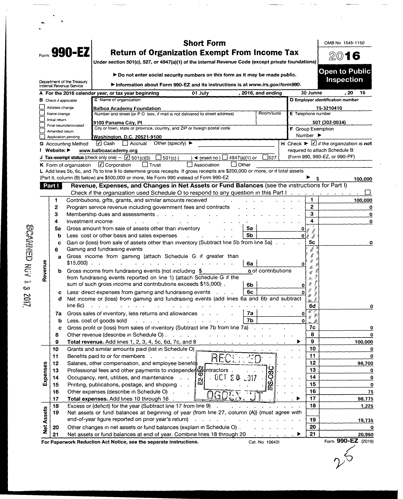 Image of first page of 2015 Form 990EZ for Balboa Academy Foundation