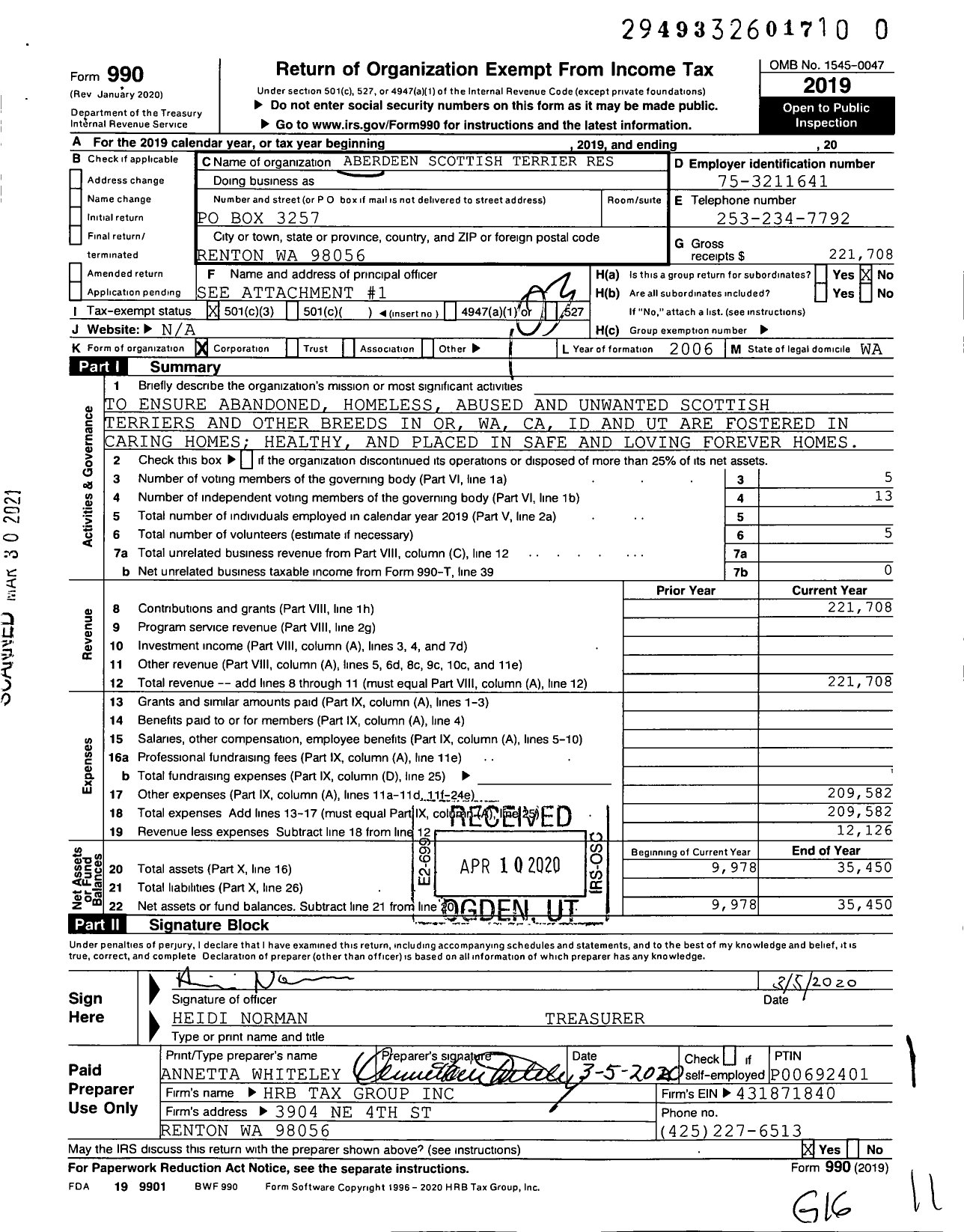 Image of first page of 2019 Form 990 for Aberdeen Scottish Terrier Rescue