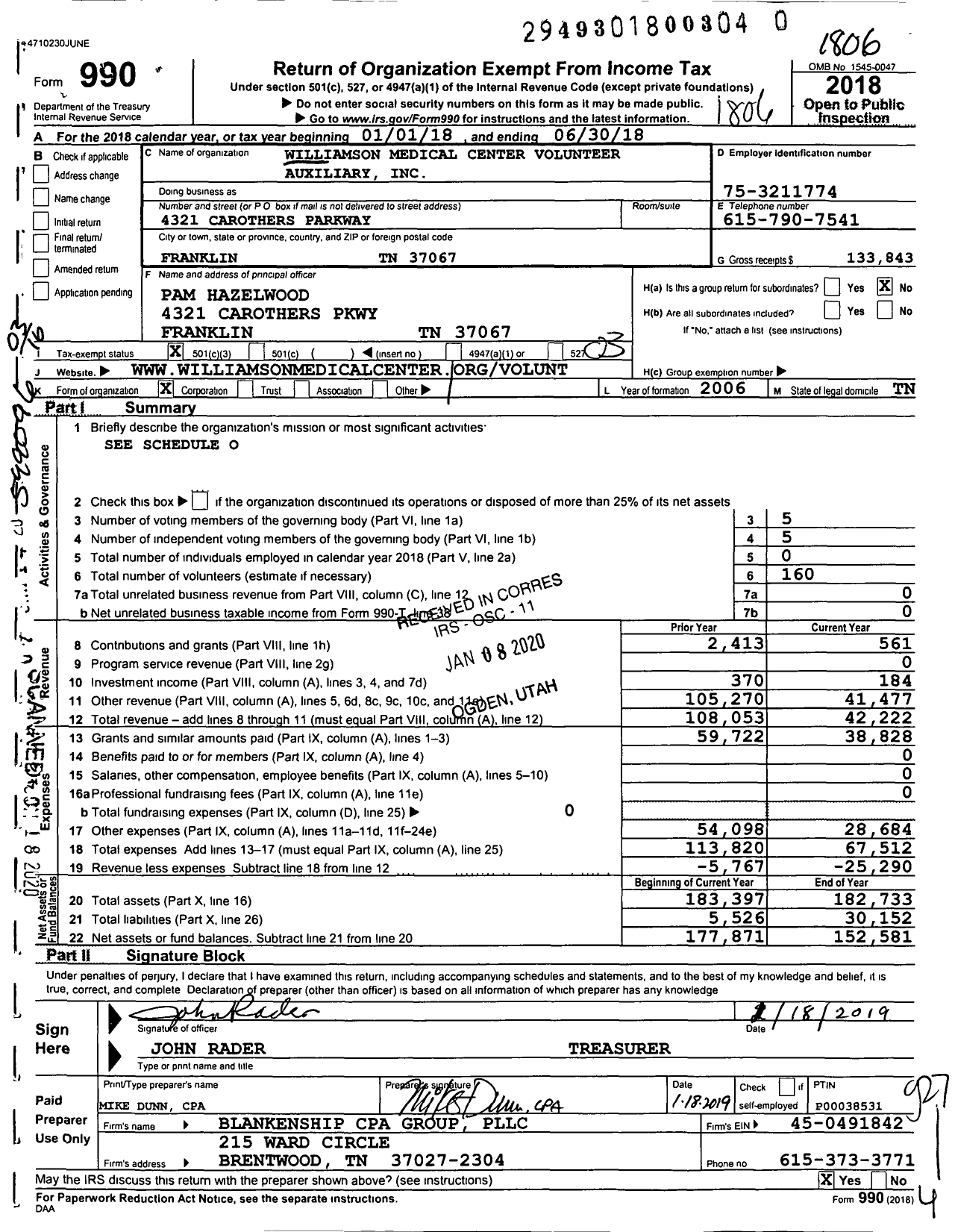 Image of first page of 2017 Form 990 for Williamson Medical Center Volunteer Auxiliary