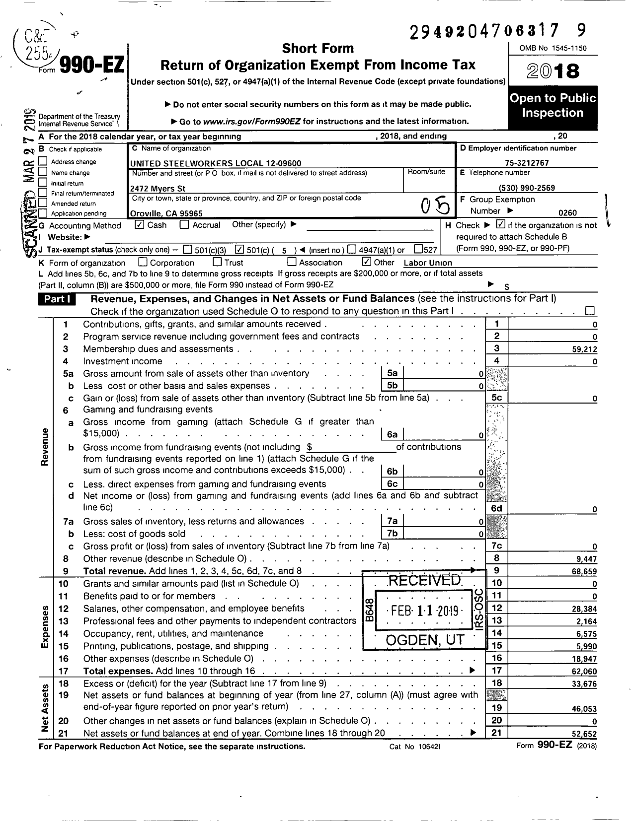 Image of first page of 2018 Form 990EO for United Steelworkers - 9600 Local