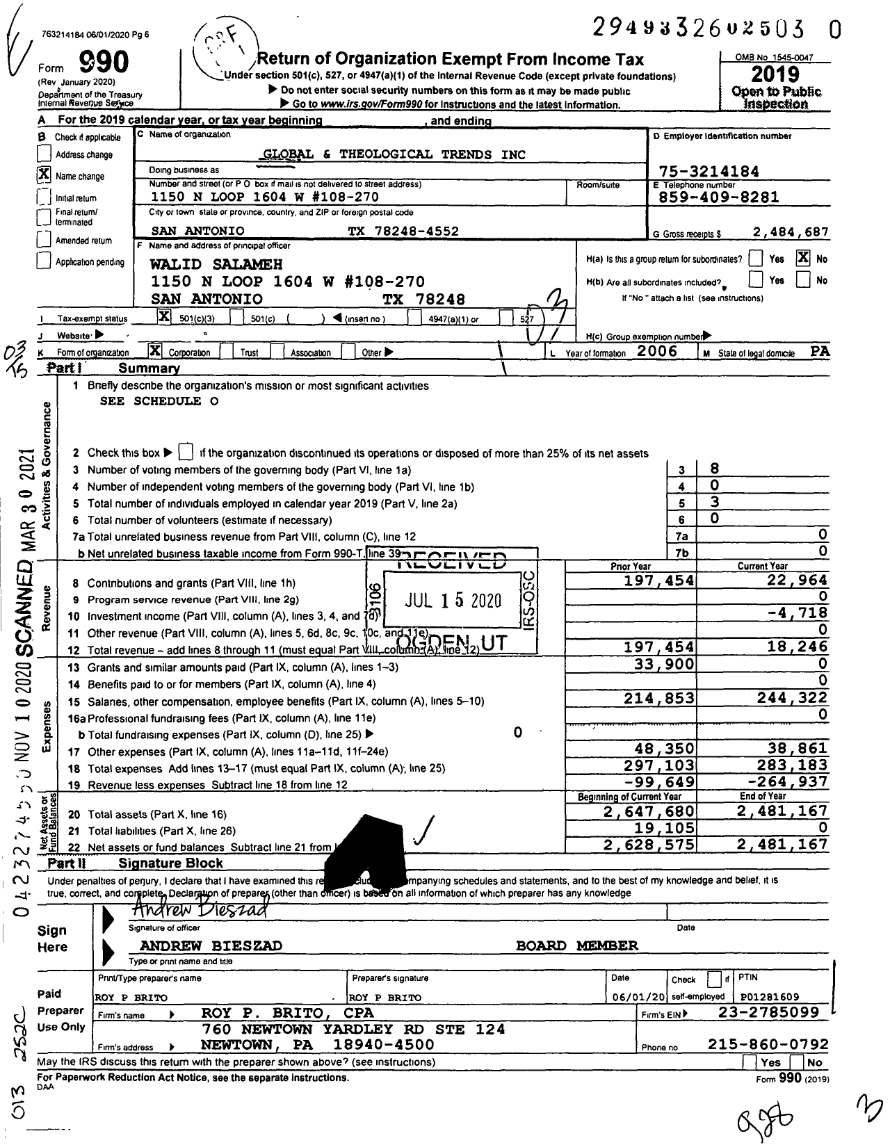 Image of first page of 2019 Form 990 for Global and Theological Trends (FFMU)