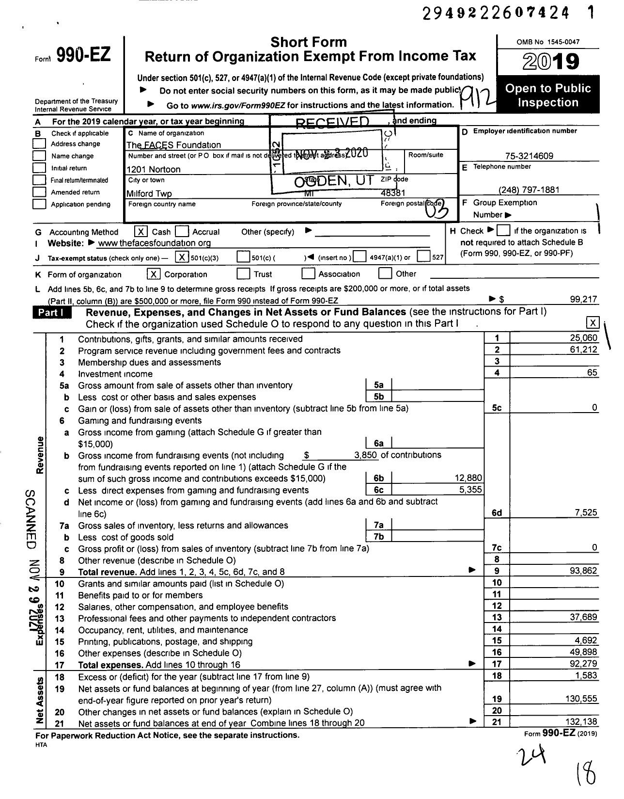 Image of first page of 2019 Form 990EZ for The FACES Foundation