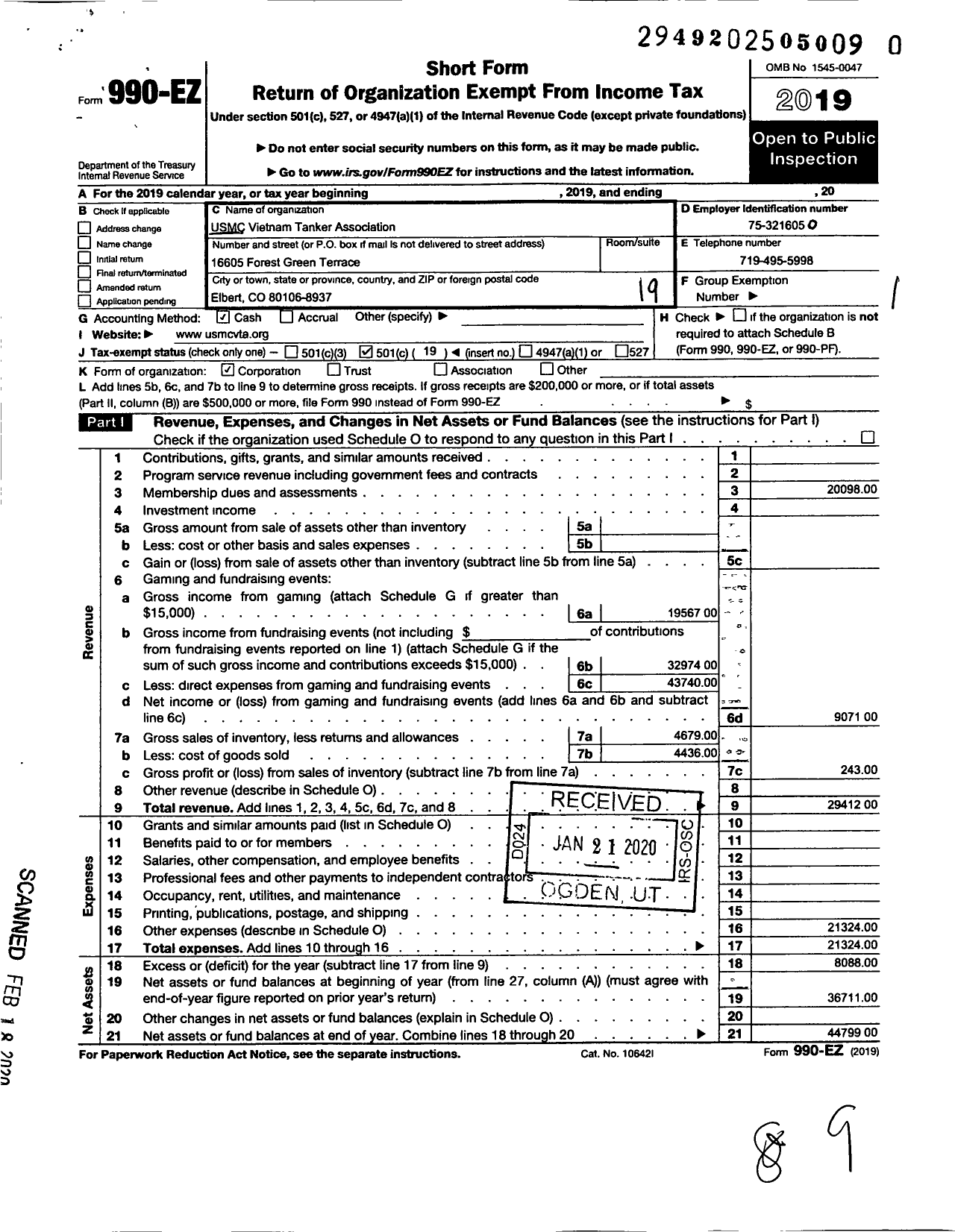 Image of first page of 2019 Form 990EO for USMC Vietnam Tanker Association