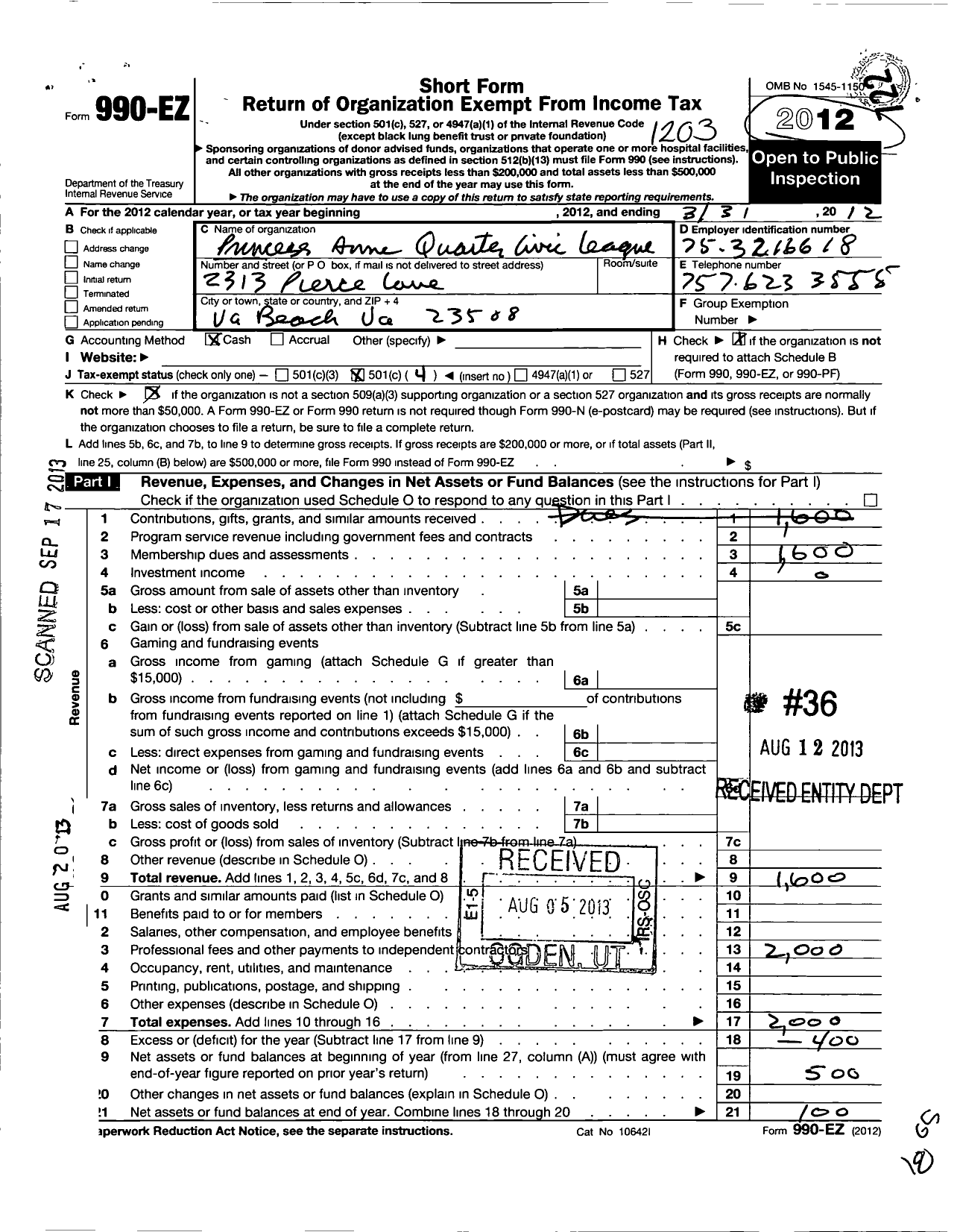 Image of first page of 2011 Form 990EO for Princess Anne Quarter Civic League