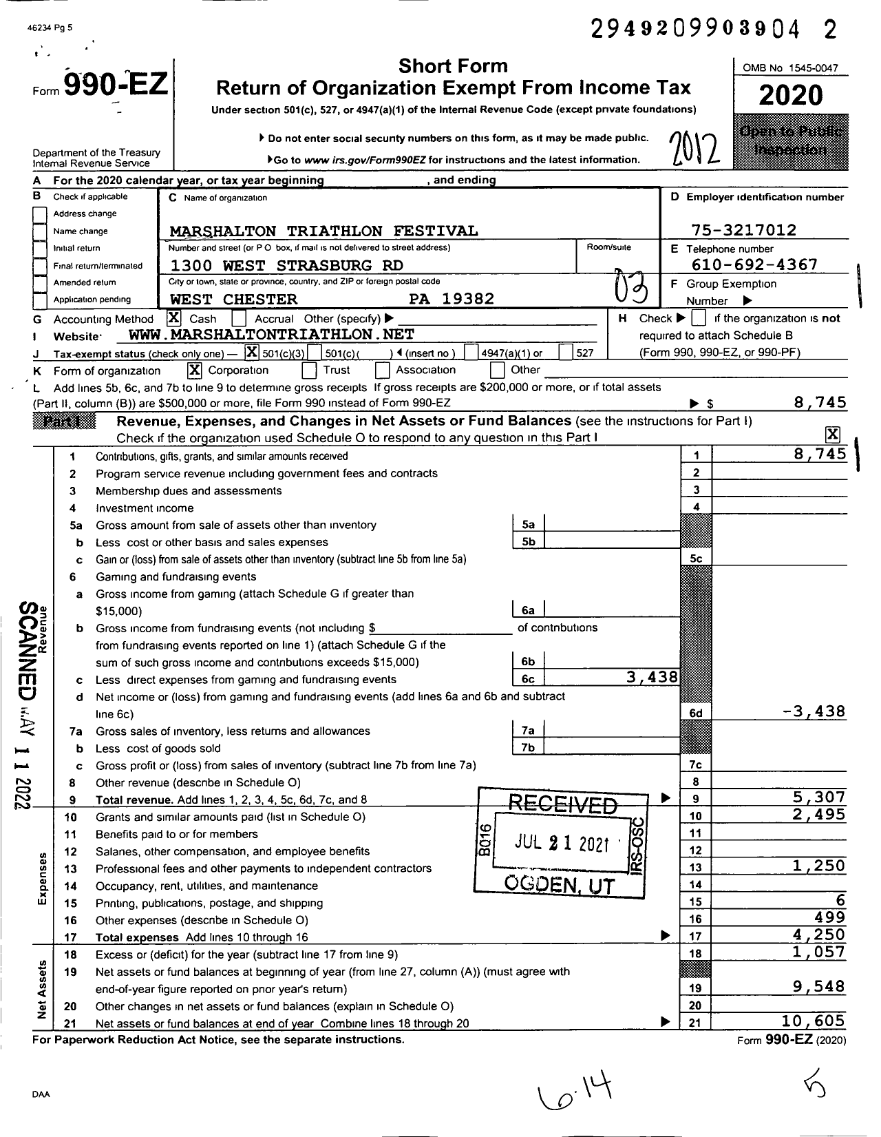 Image of first page of 2020 Form 990EZ for Marshalton Triathlon Festival