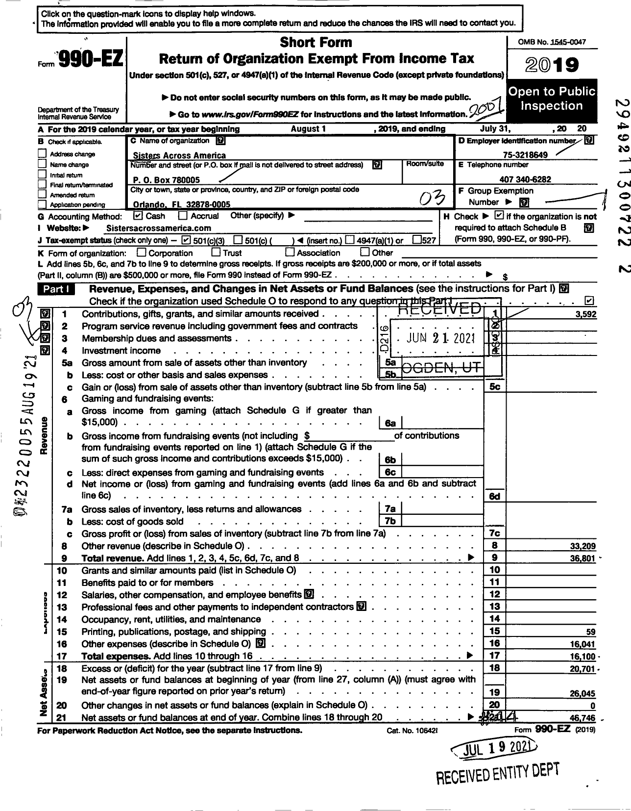 Image of first page of 2019 Form 990EZ for Sisters Across America