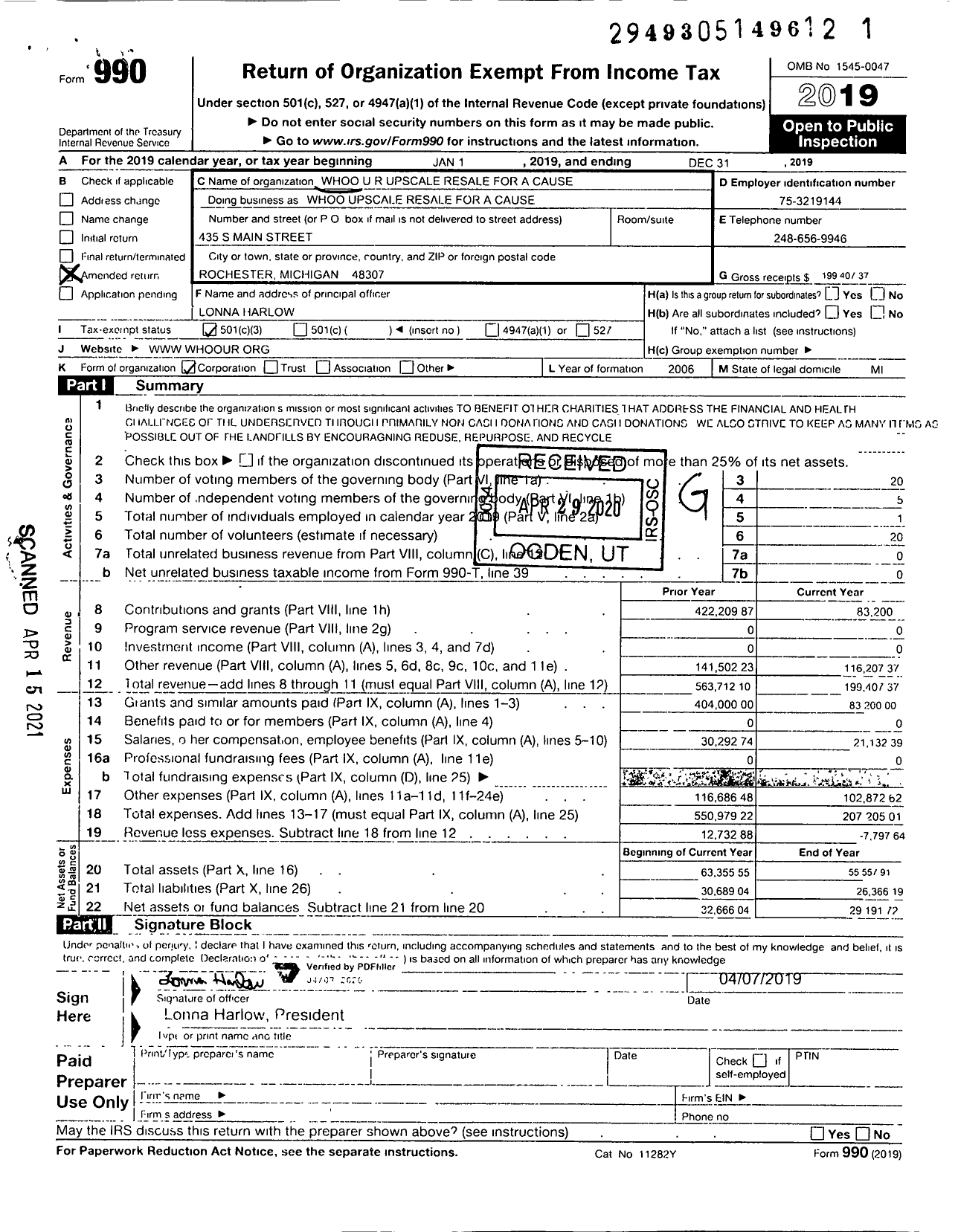 Image of first page of 2019 Form 990 for Whoo Upscale Resale Fo A Cause