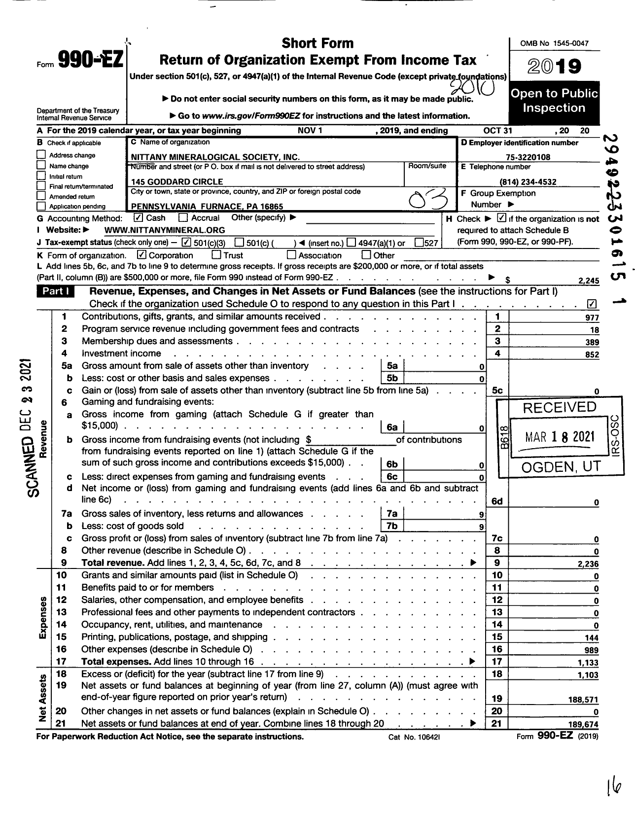 Image of first page of 2019 Form 990EZ for Nittany Mineralogical Society