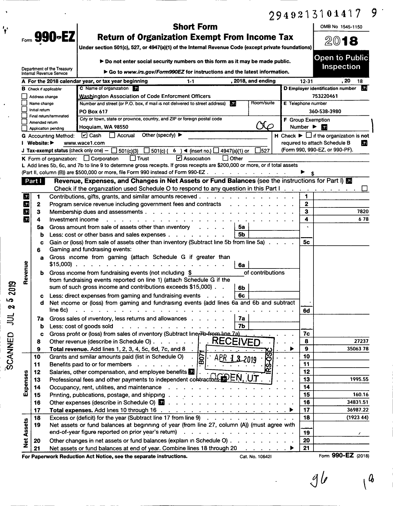 Image of first page of 2018 Form 990EO for Washington Association of Code Enforcement (WACE)