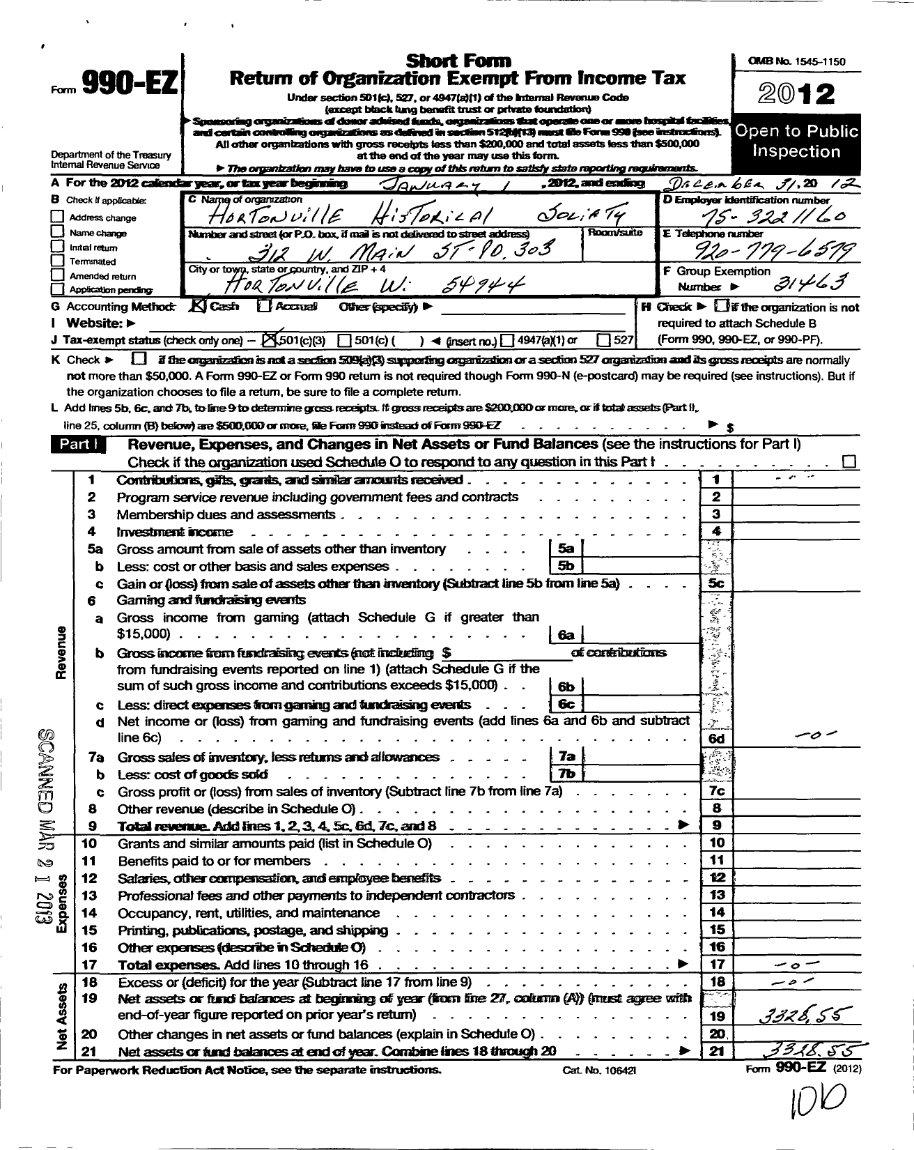 Image of first page of 2012 Form 990EZ for Hortonville Historical Society