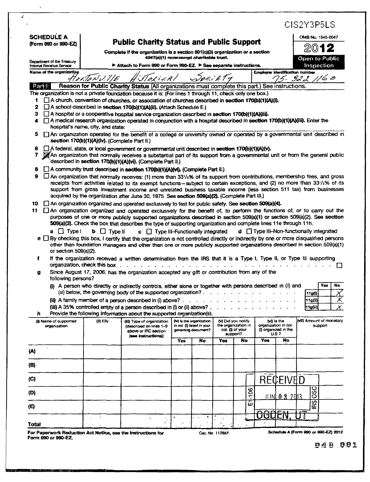 Image of first page of 2012 Form 990ER for Hortonville Historical Society