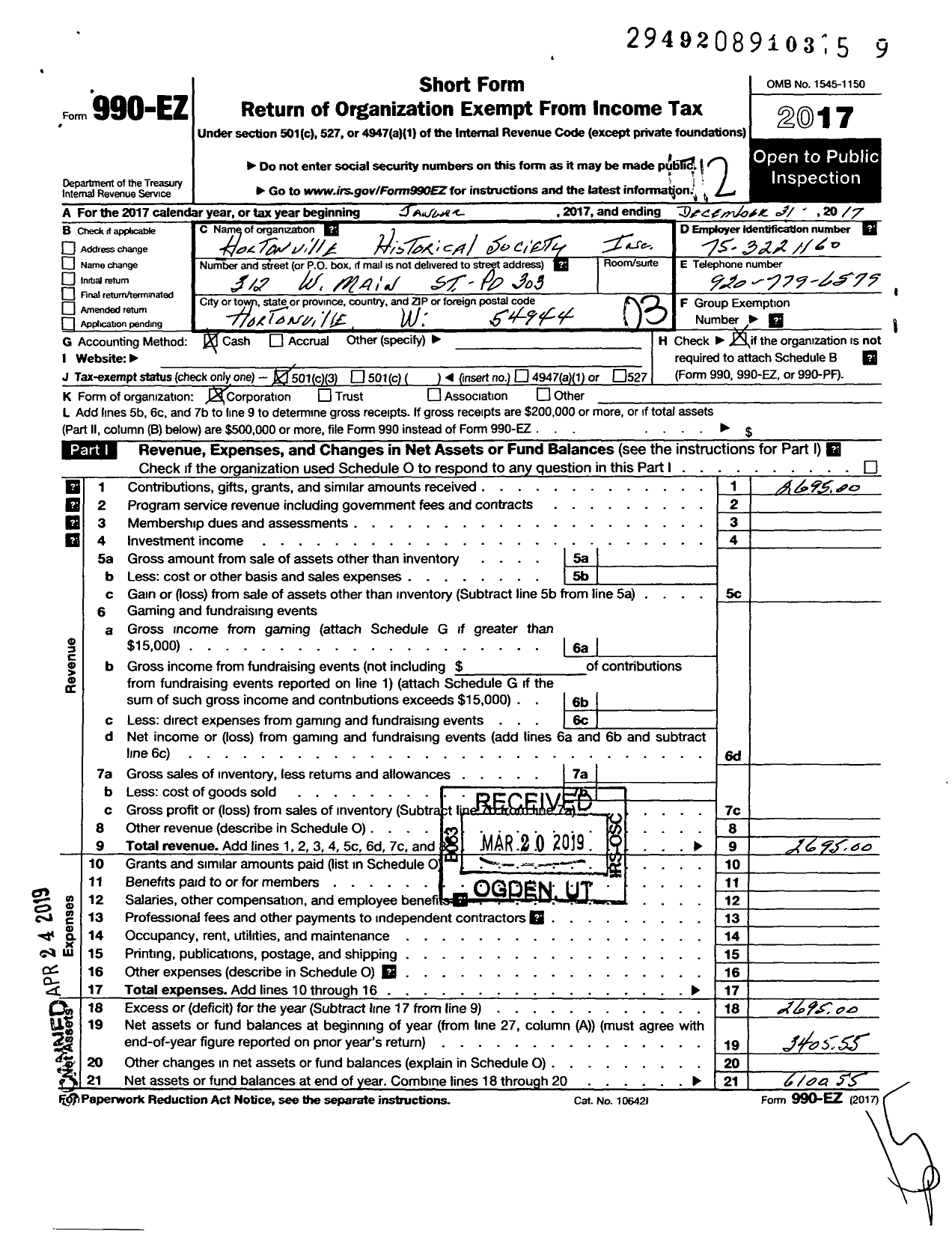 Image of first page of 2017 Form 990EZ for Hortonville Historical Society