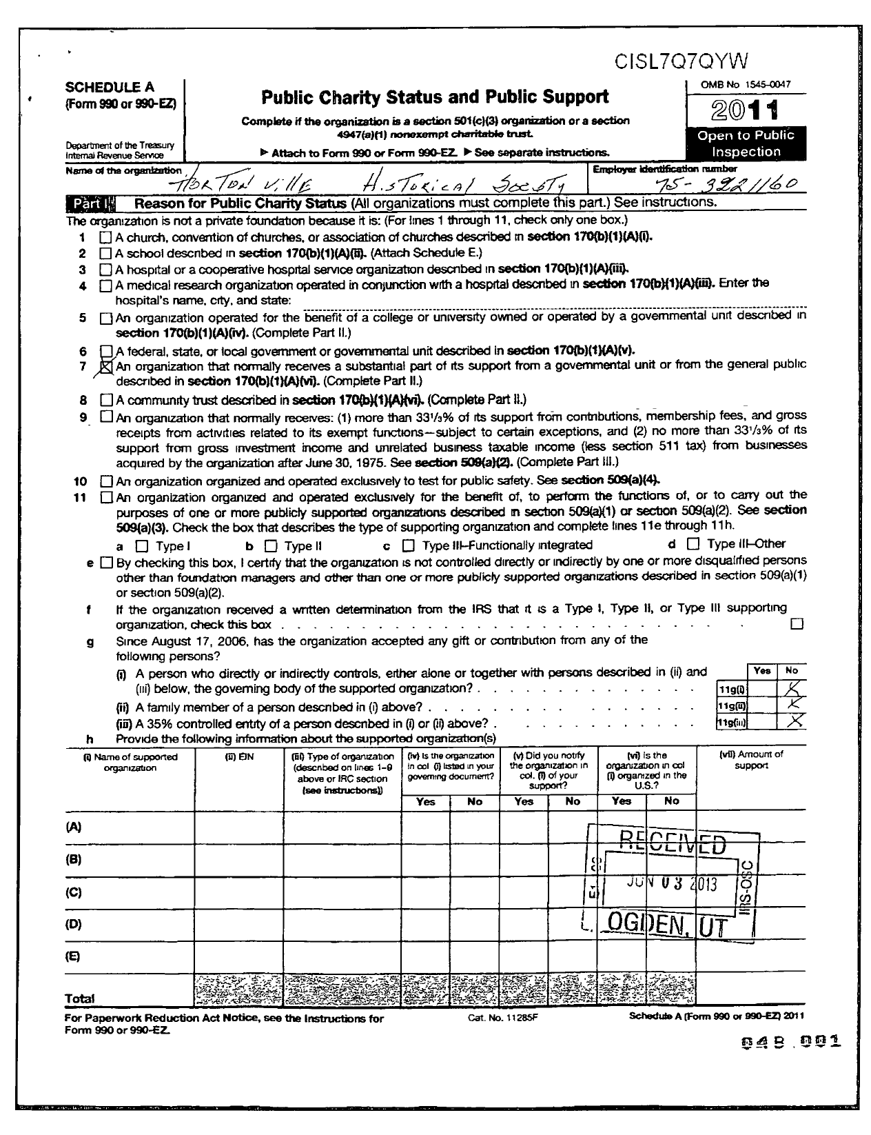 Image of first page of 2011 Form 990ER for Hortonville Historical Society