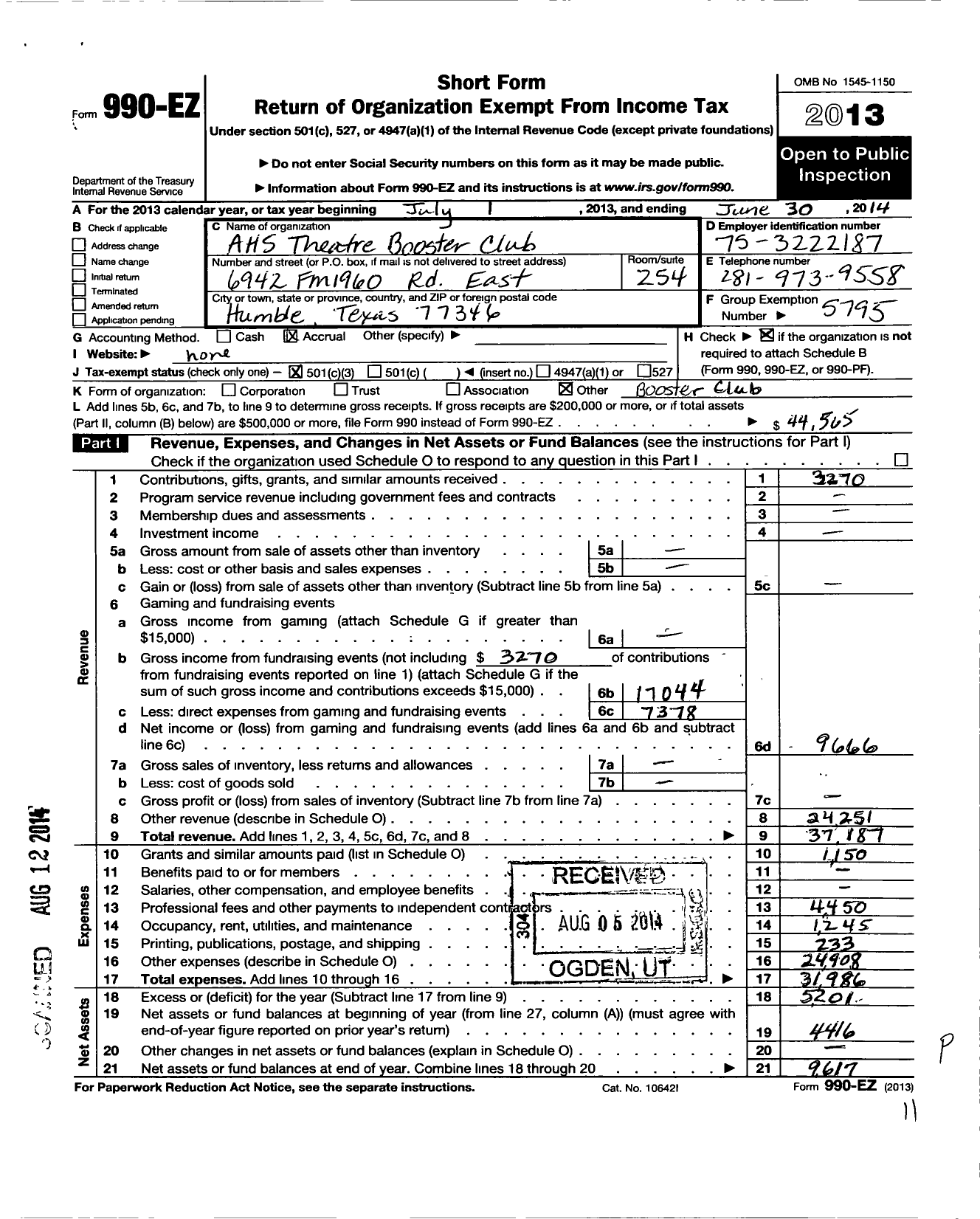 Image of first page of 2013 Form 990EZ for Atascocita High School Theatre Arts Booster Club