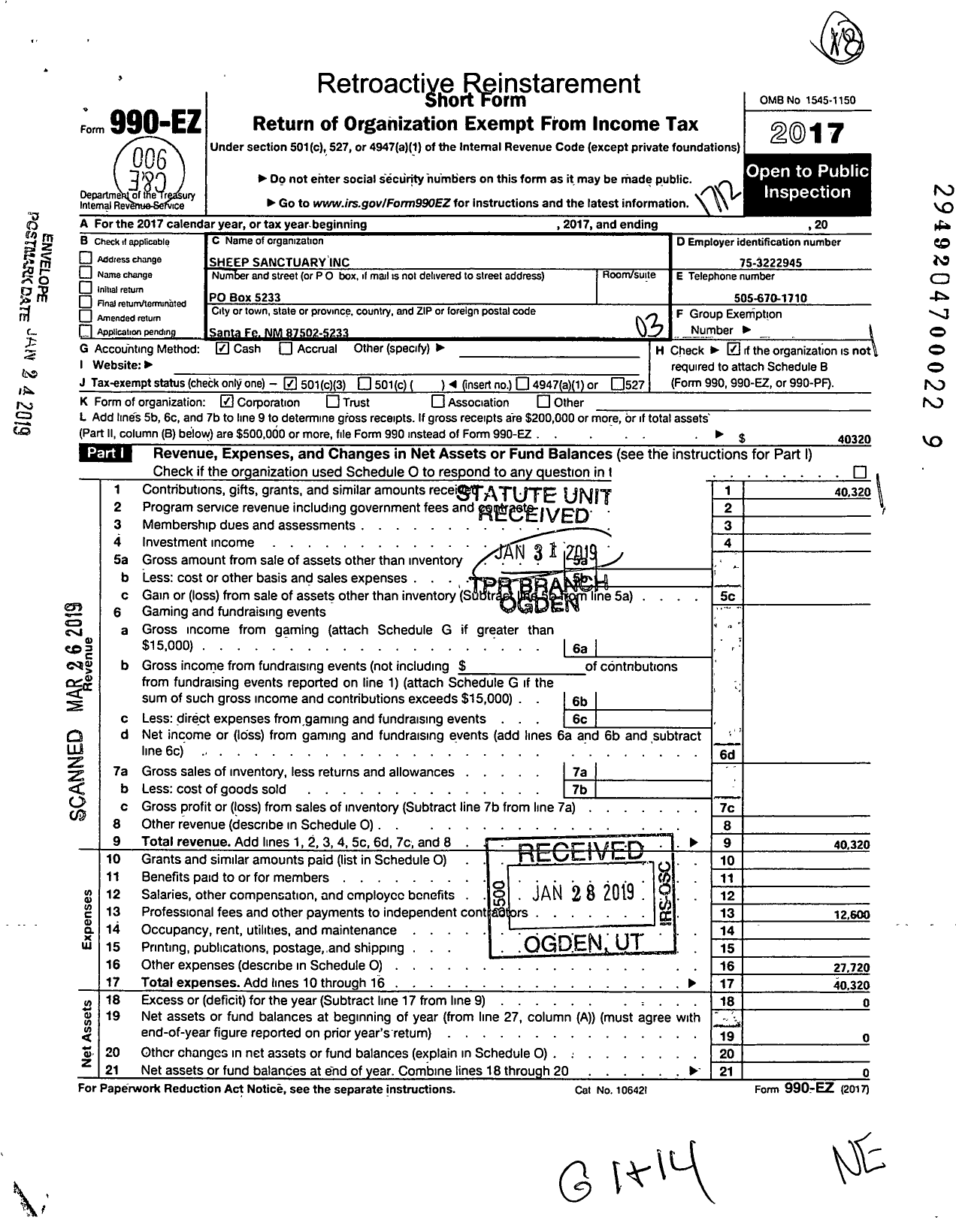 Image of first page of 2017 Form 990EZ for Sheep Sanctuary